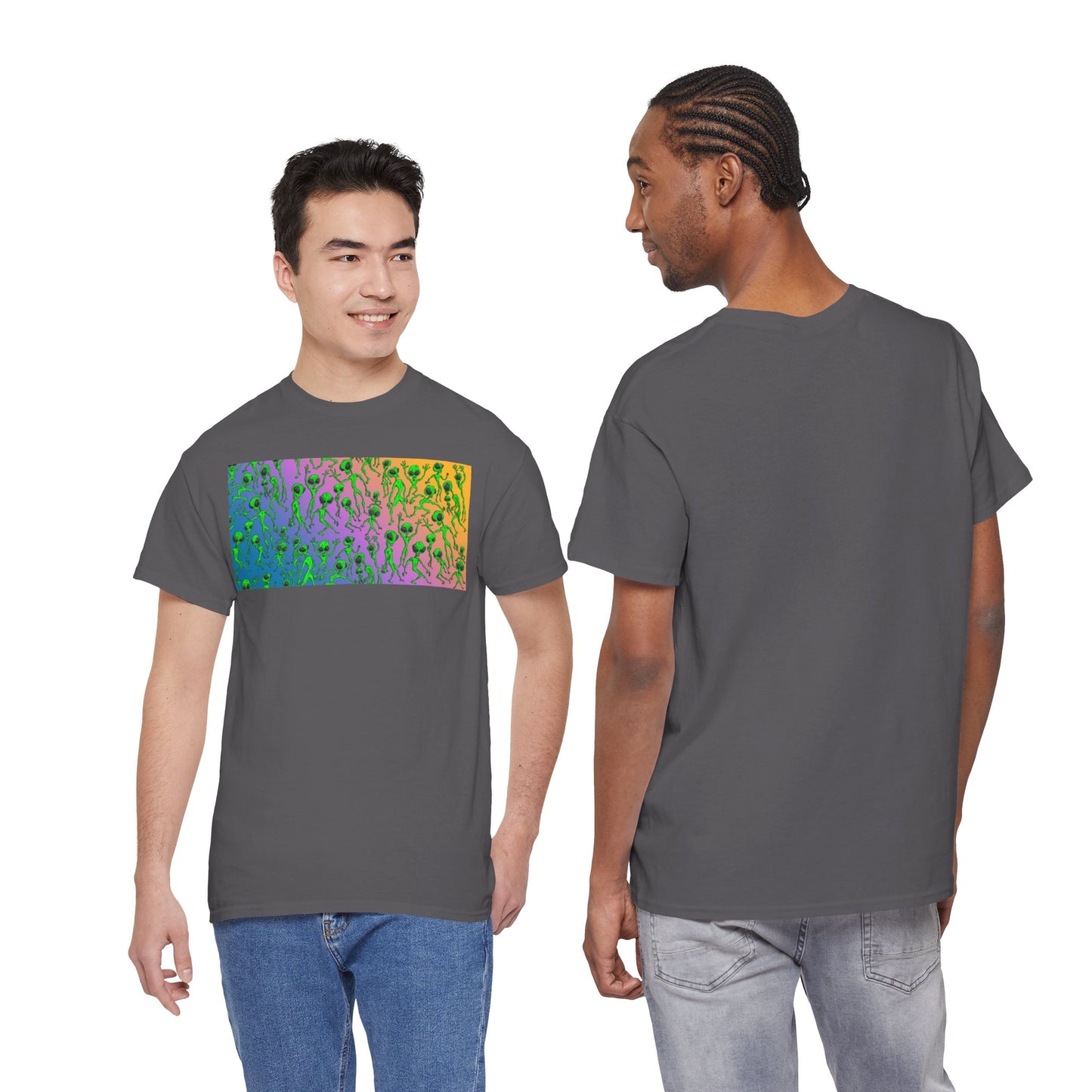 Alien Dance Party Gradient Tee — Colorful Psychedelic Green Aliens Art T-Shirt