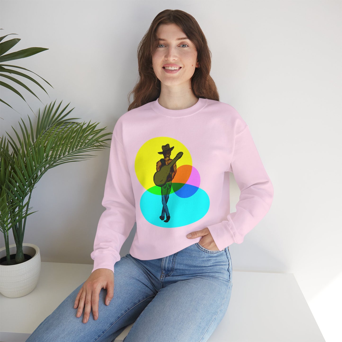 Cowboy Guitarist Graphic Sweatshirt — Retro Color Spot Music Pullover