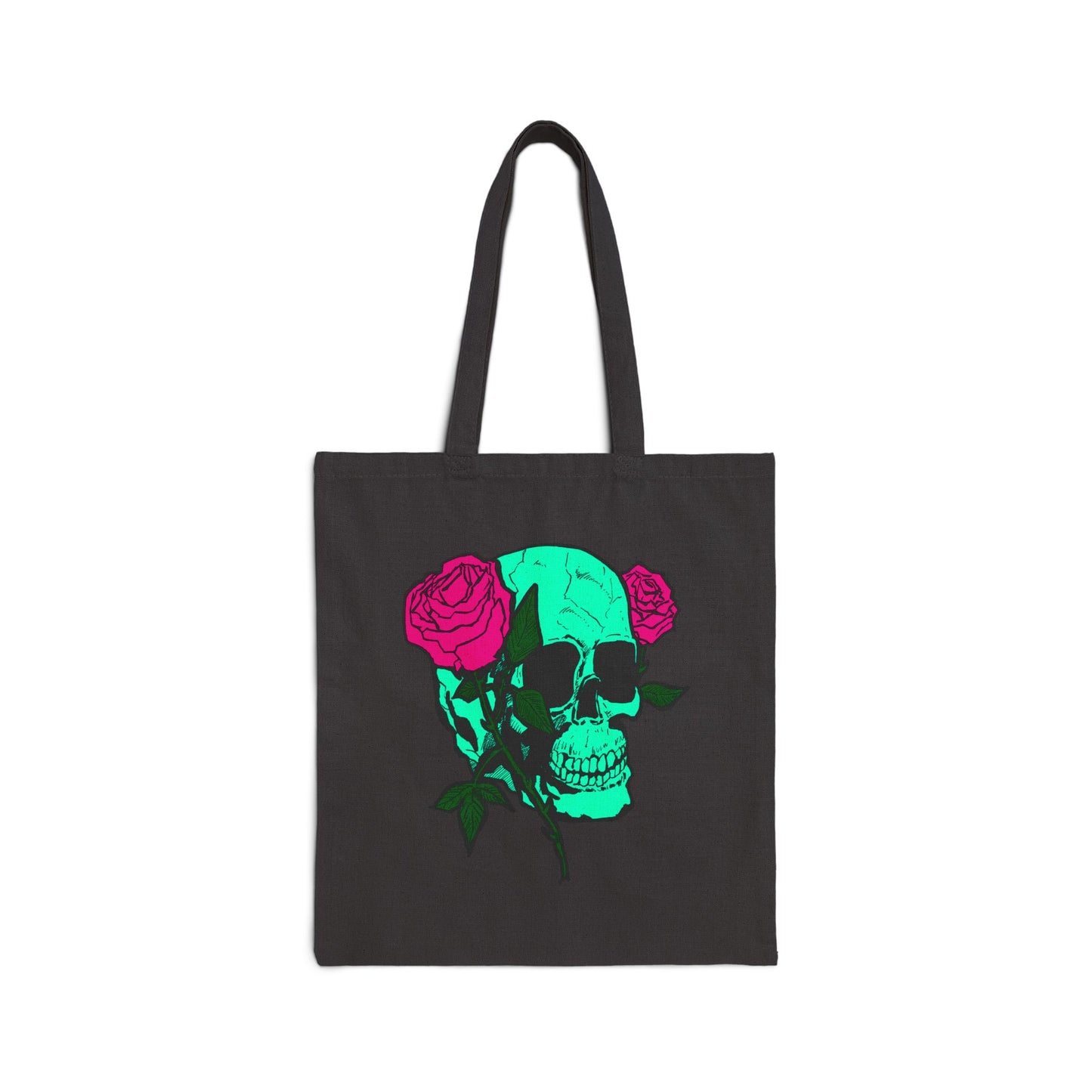Skull & Roses Canvas Tote — Green Skull with Pink Roses Cotton Bag