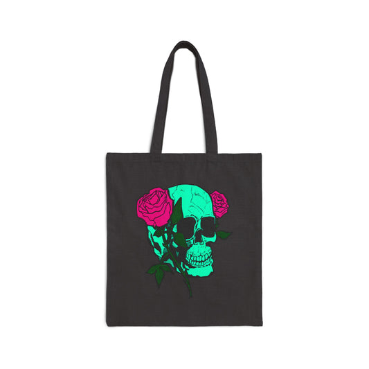 Skull & Roses Canvas Tote — Green Skull with Pink Roses Cotton Bag