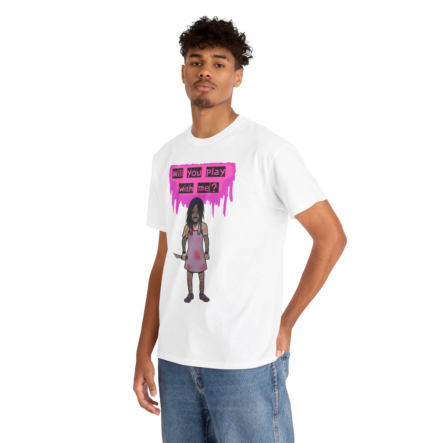 Playful Evil Doll Horror Graphic Tee, Unisex Heavy Cotton Shirt, Casual Wear, Unique Gift, Halloween Costume, Quirky Fashion
