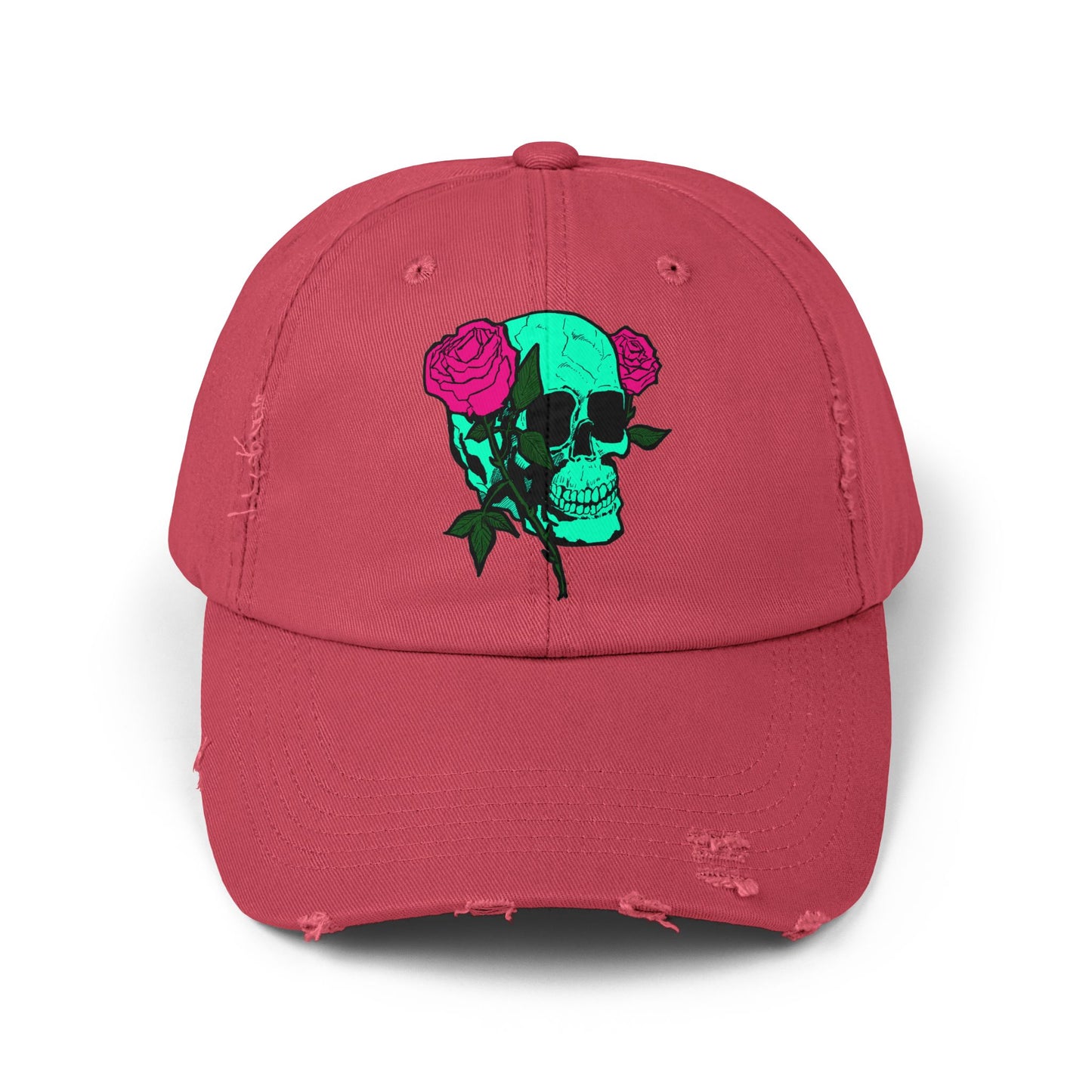Trendy Distressed Skull Cap with Roses