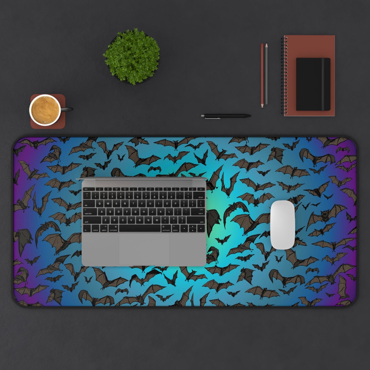 Bat Swarm Portal Desk Mat — Gradient Blue & Purple Gaming Mouse Pad
