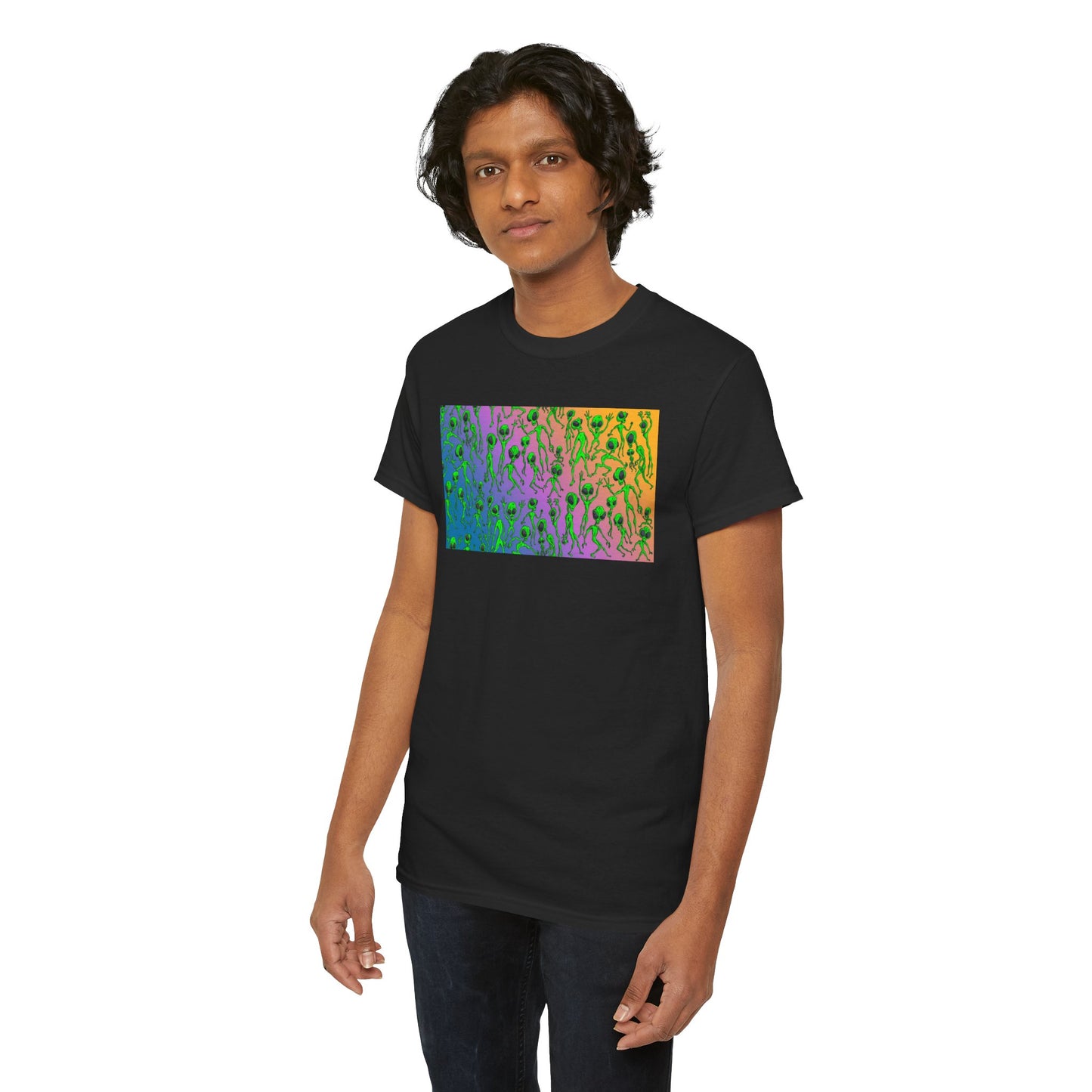 Alien Dance Party Gradient Tee — Colorful Psychedelic Green Aliens Art T-Shirt