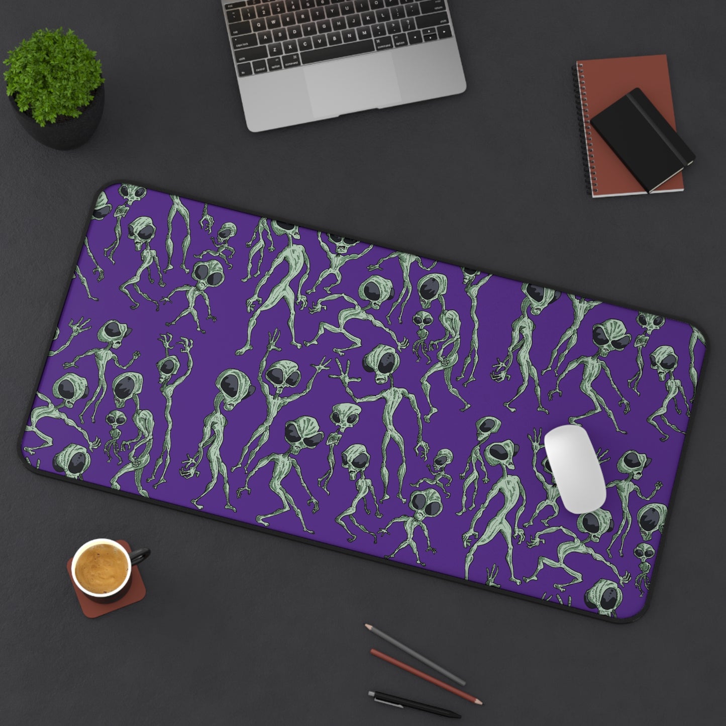 Alien Dance Party Desk Mat - Sci-Fi Intergalactic Purple Background