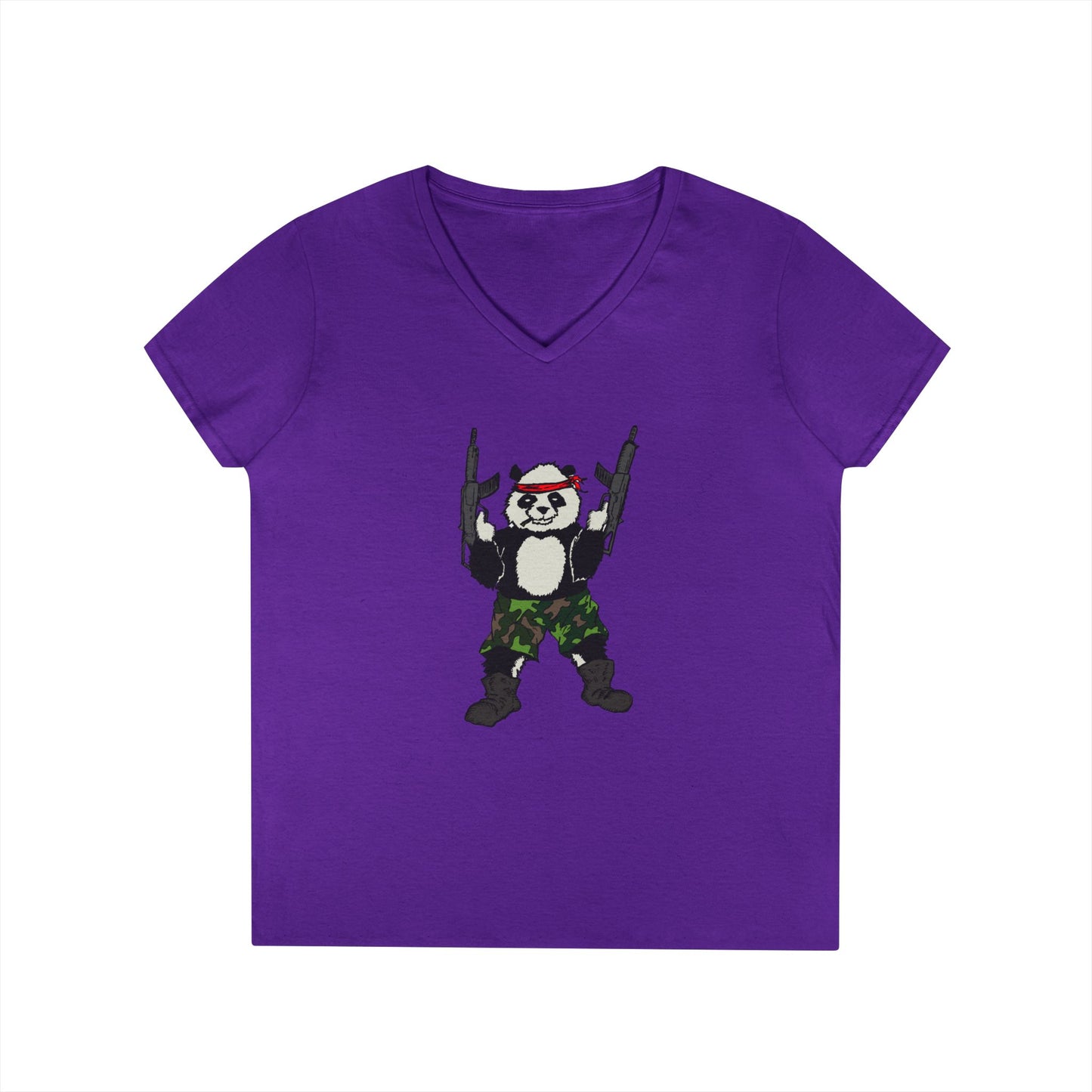 Ladies' V-Neck T-Shirt - Cool Panda with Guns Graphic Tee