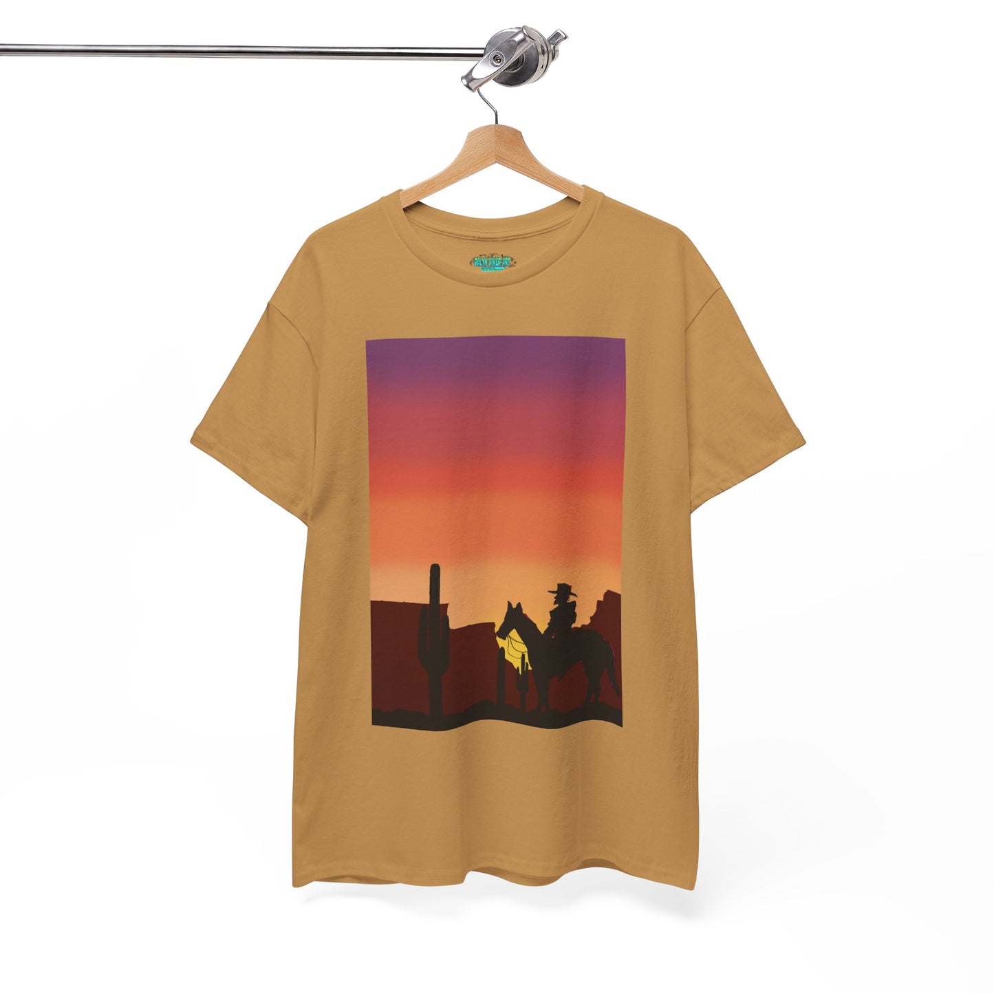 Sunset Cowboy Unisex Heavy Cotton Tee - Western Graphic Tee for Nature Lovers