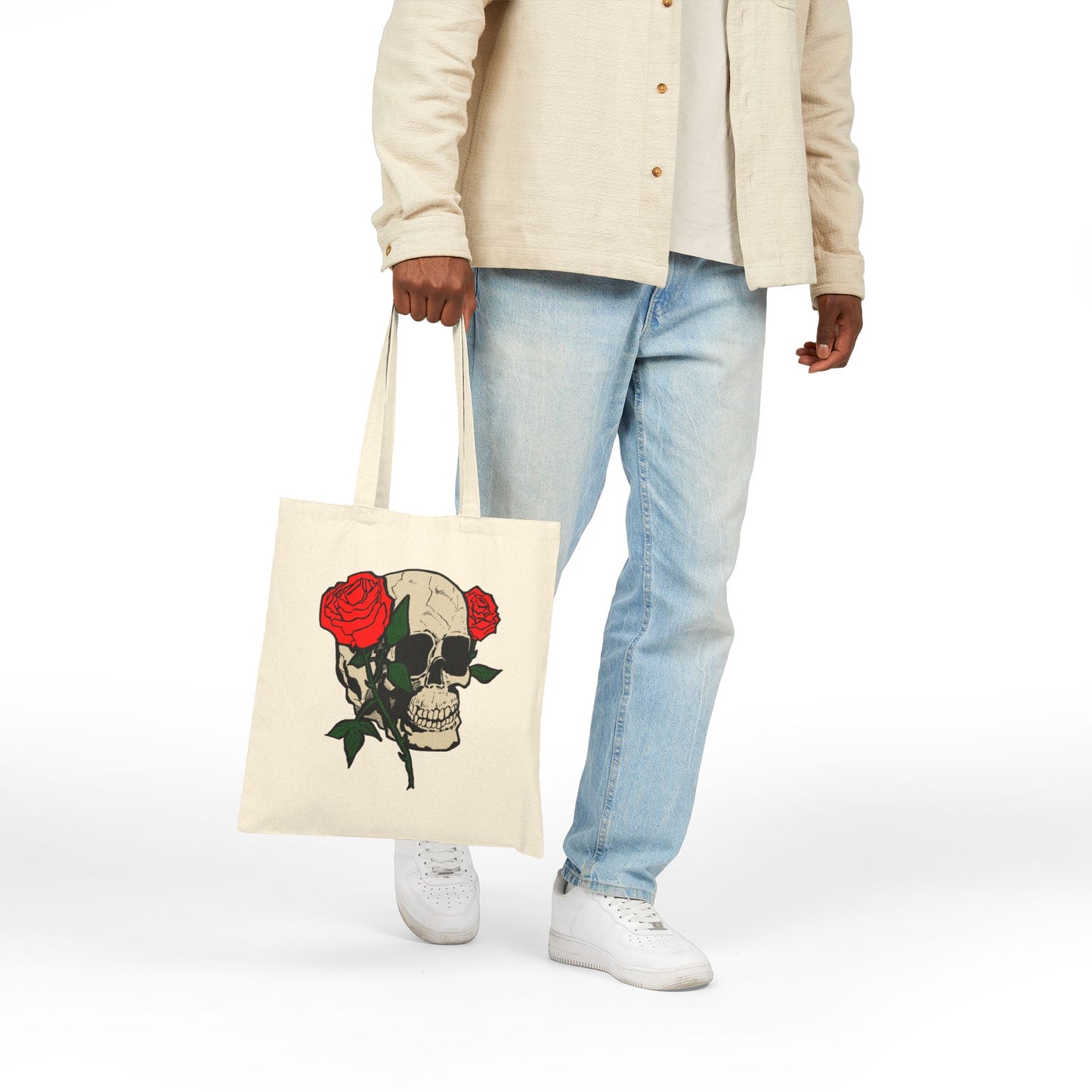 Skull & Roses Canvas Tote Bag — Gothic Floral Reusable Shopper