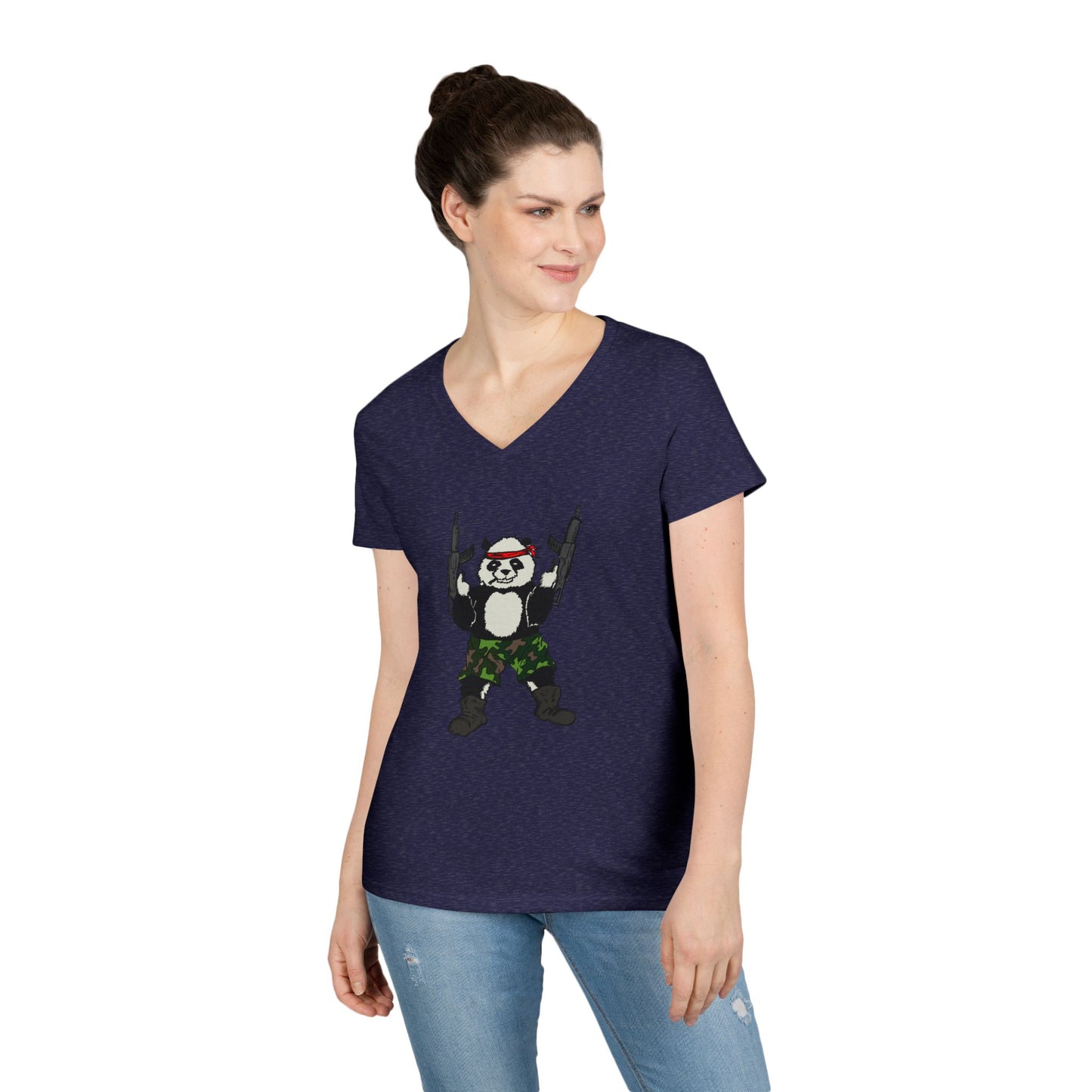 Ladies' V-Neck T-Shirt - Cool Panda with Guns Graphic Tee