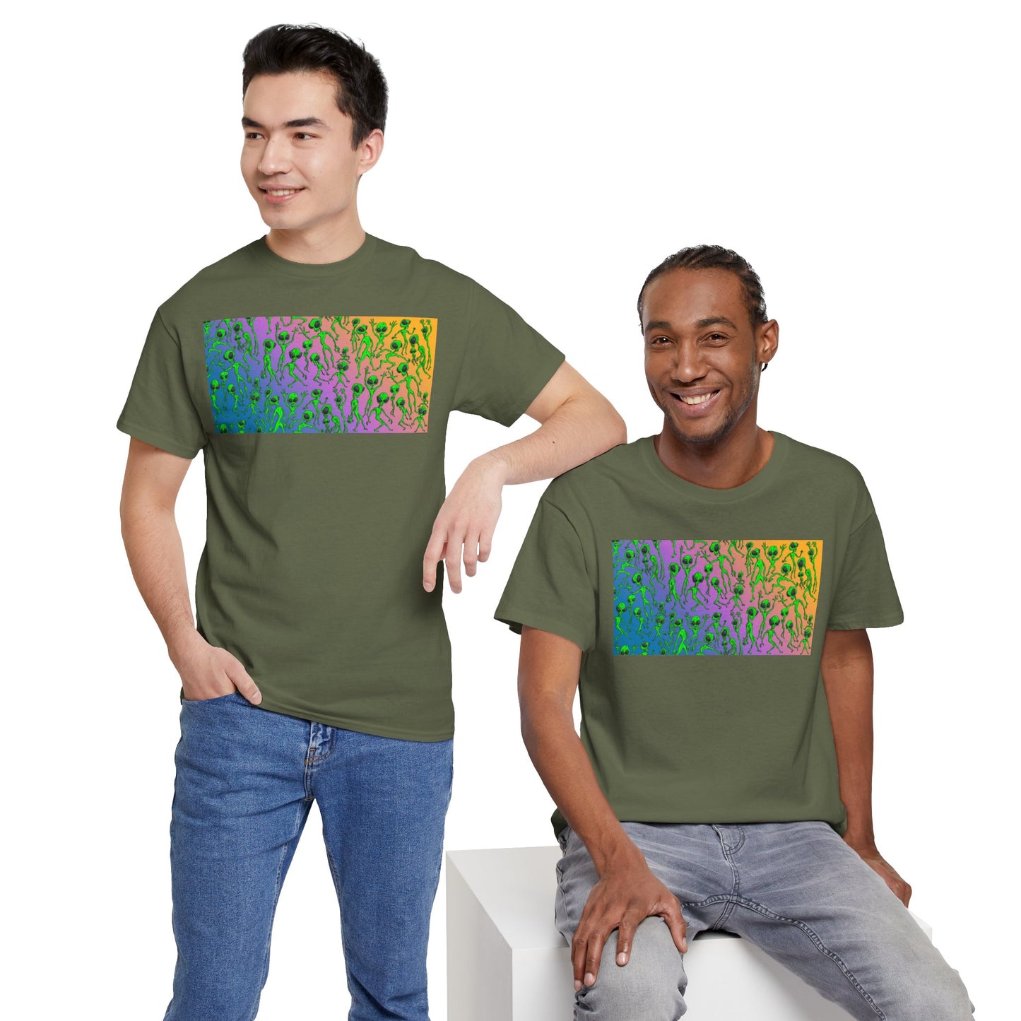 Alien Dance Party Gradient Tee — Colorful Psychedelic Green Aliens Art T-Shirt