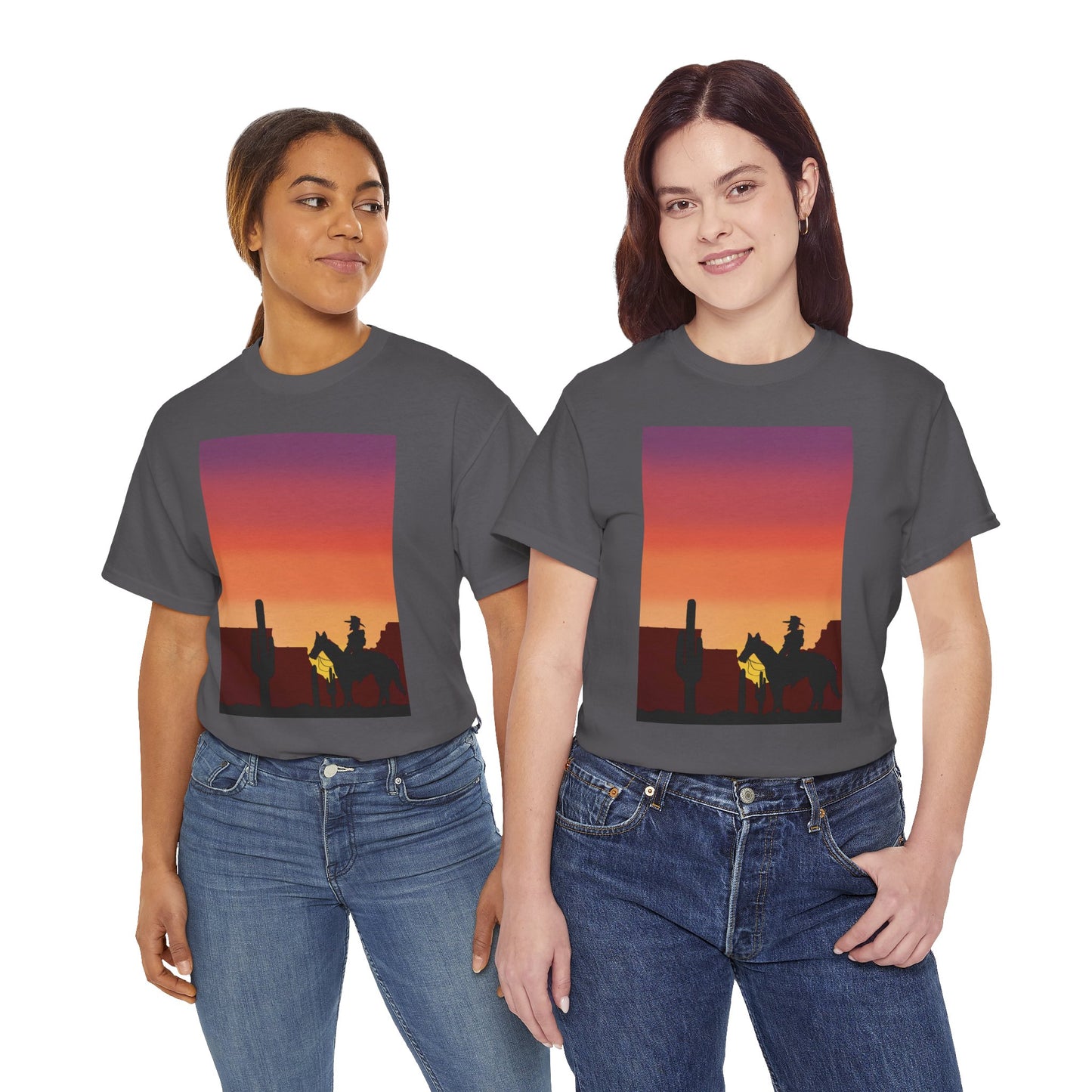 Sunset Cowboy Unisex Heavy Cotton Tee - Western Graphic Tee for Nature Lovers