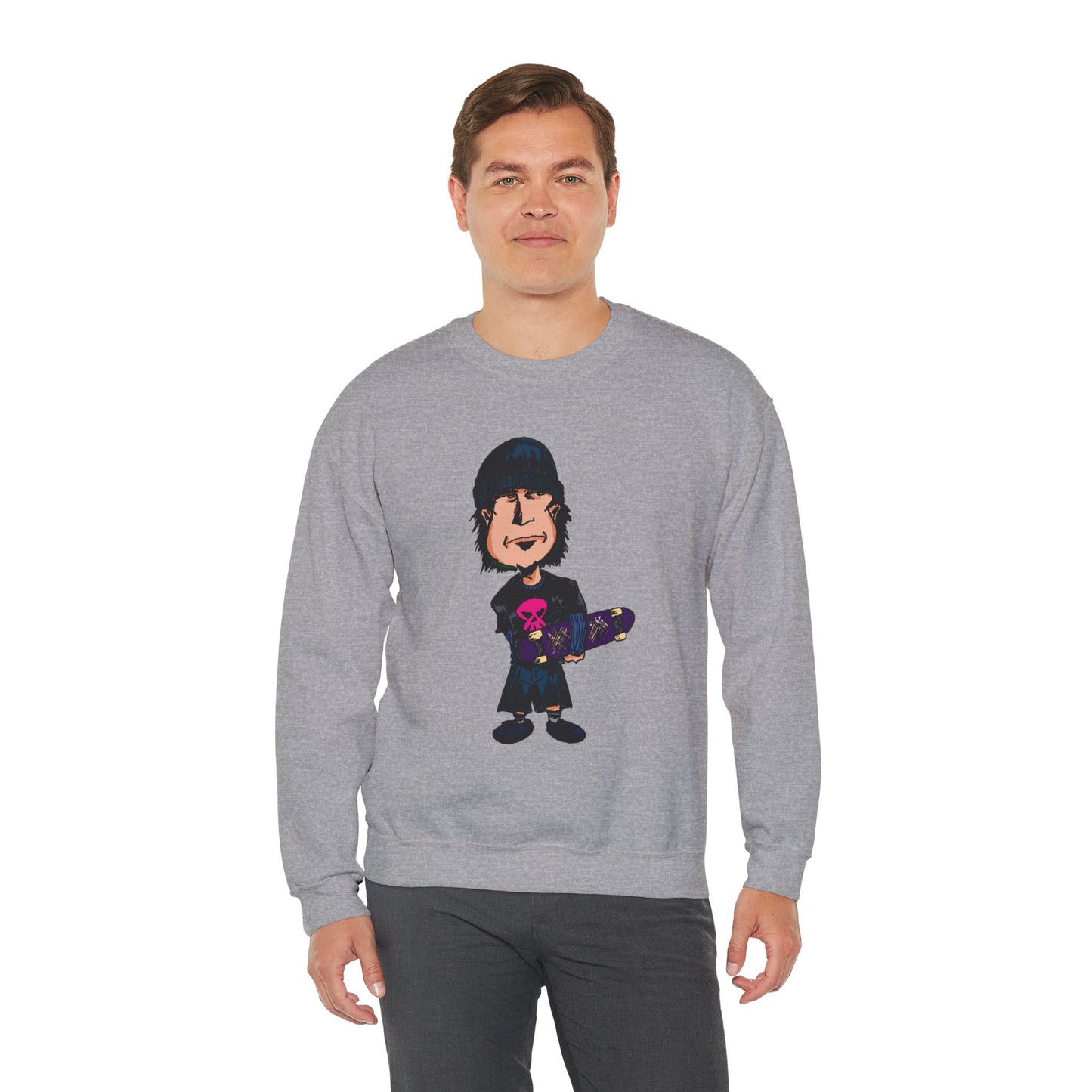 Rude Skater Dude - Skate Punk - Cartoon Skater Crewneck Sweatshirt – Cute Skateboarder Graphic Pullover