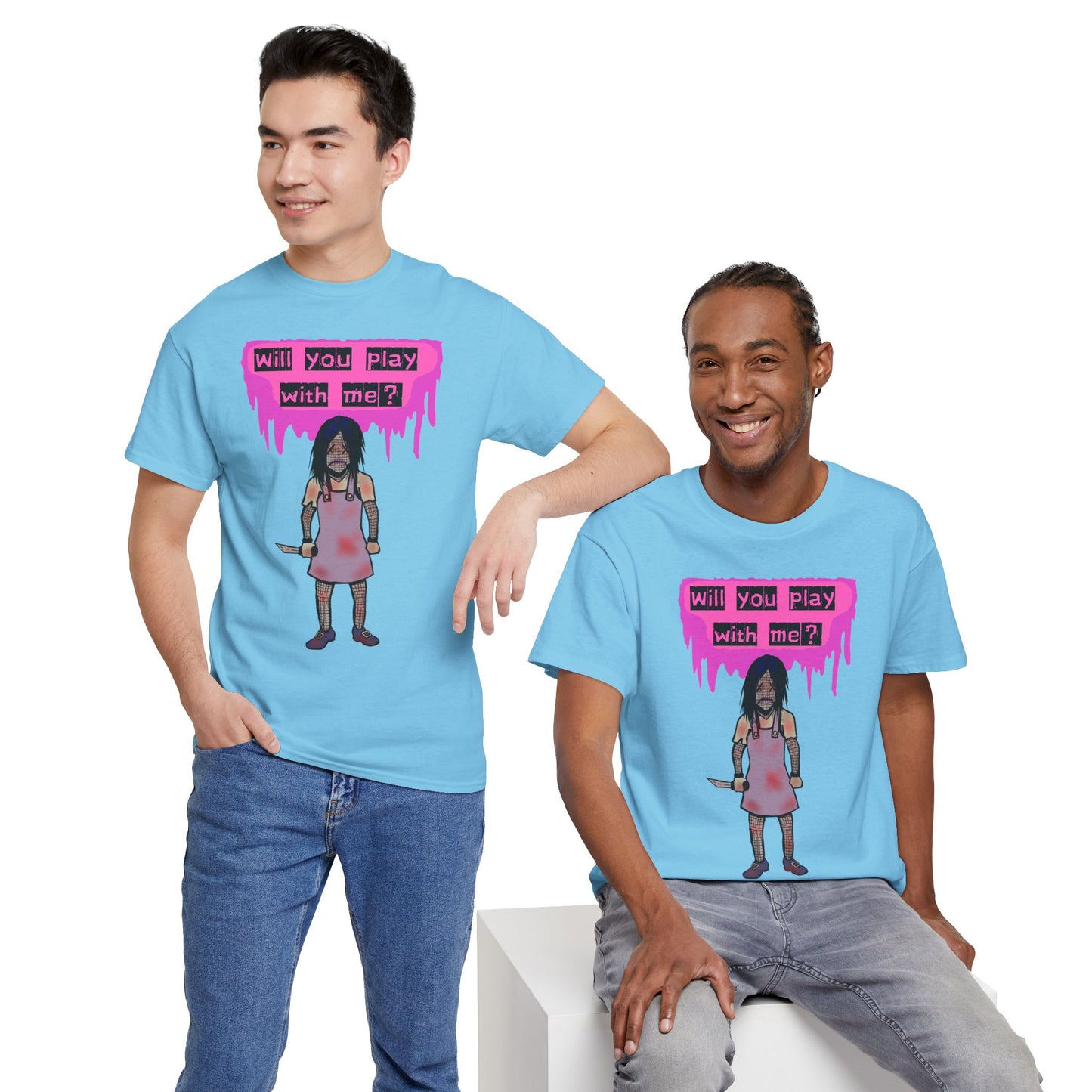 Playful Evil Doll Horror Graphic Tee, Unisex Heavy Cotton Shirt, Casual Wear, Unique Gift, Halloween Costume, Quirky Fashion