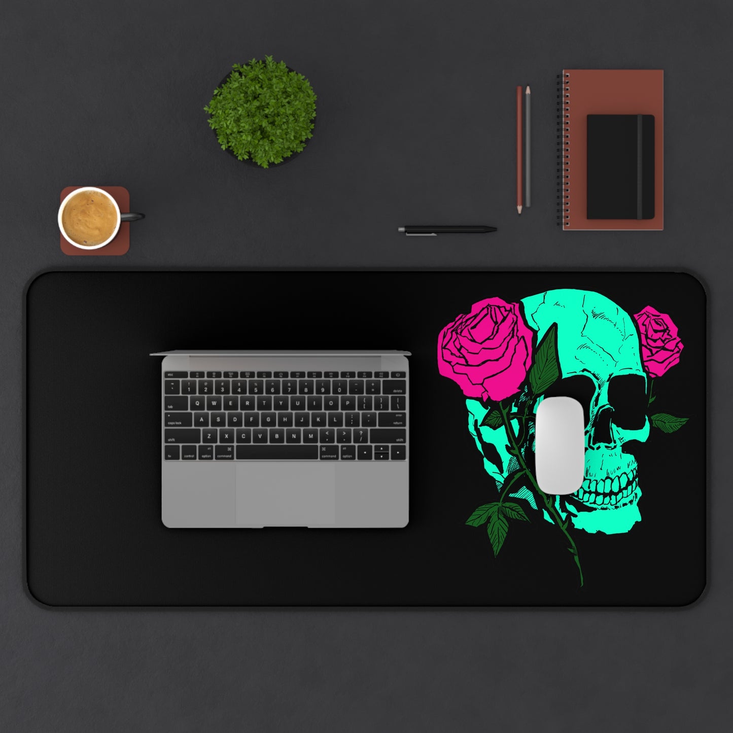 Skull & Roses Desk Mat — Neon Gothic Gaming Mousepad