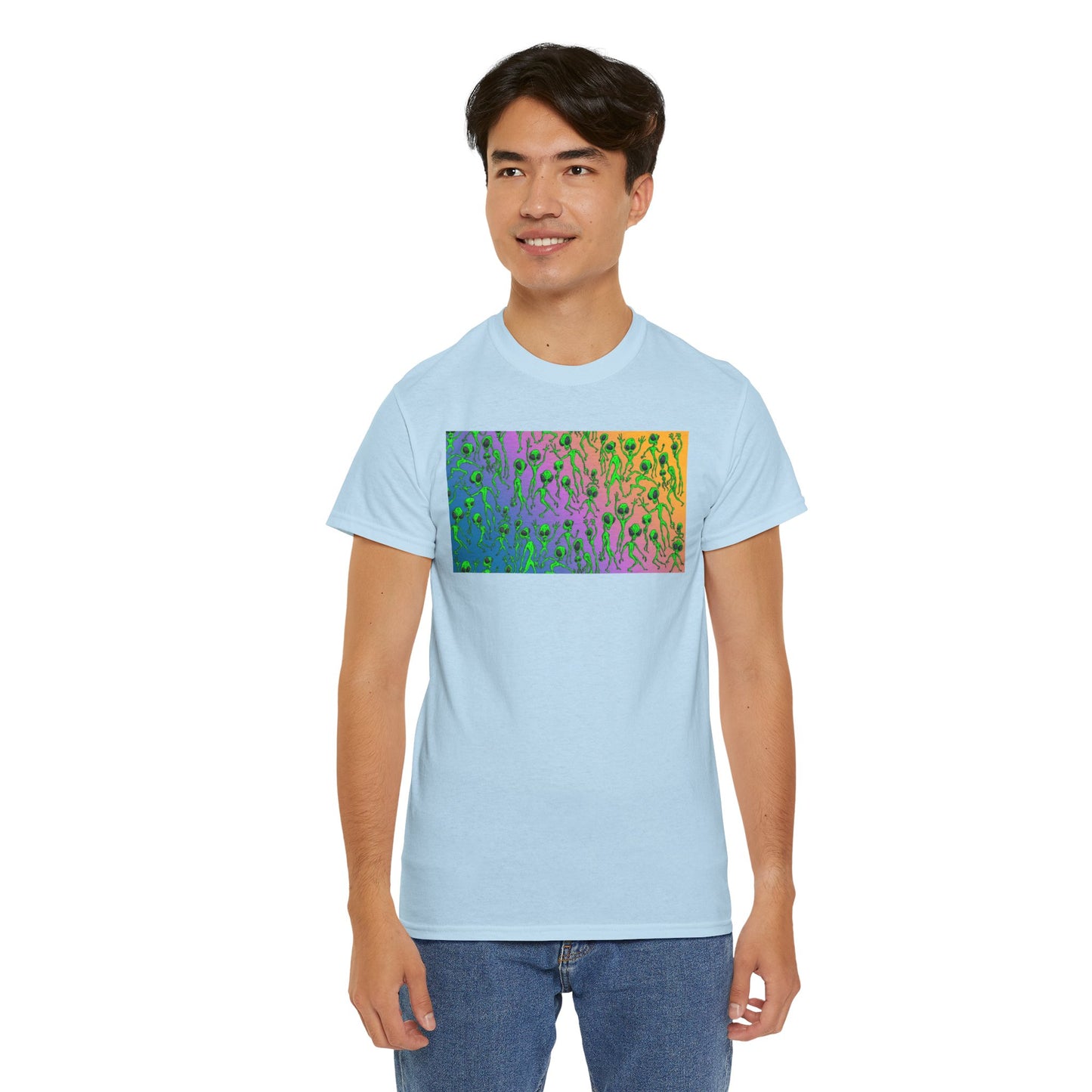 Alien Dance Party Gradient Tee — Colorful Psychedelic Green Aliens Art T-Shirt
