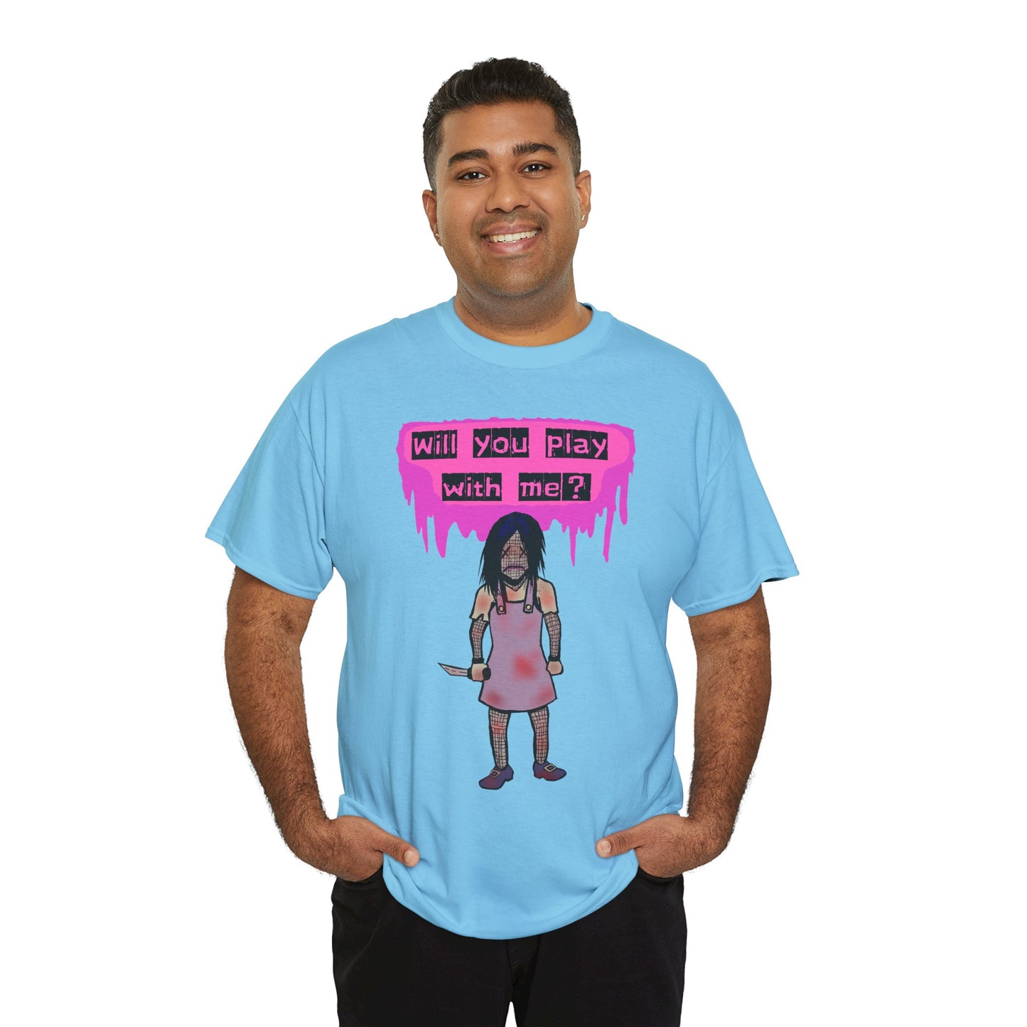 Playful Evil Doll Horror Graphic Tee, Unisex Heavy Cotton Shirt, Casual Wear, Unique Gift, Halloween Costume, Quirky Fashion