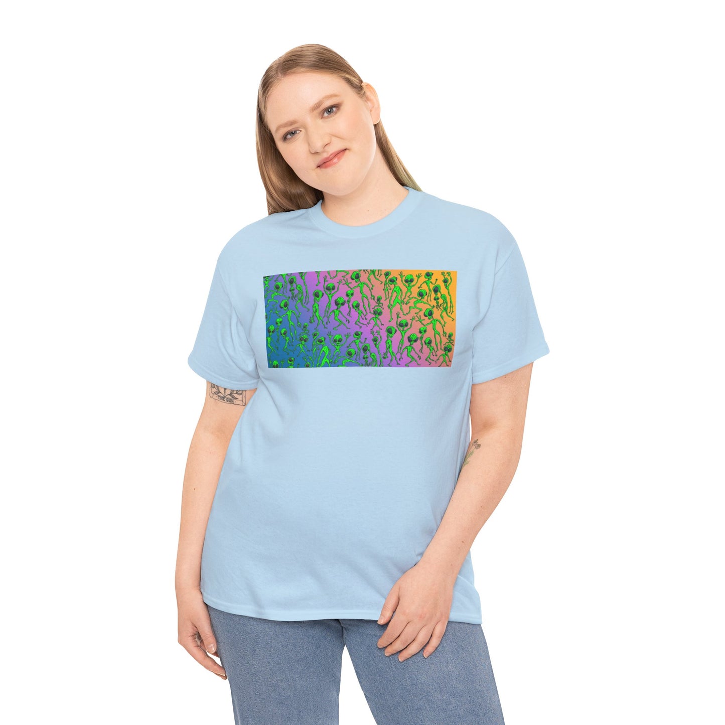Alien Dance Party Gradient Tee — Colorful Psychedelic Green Aliens Art T-Shirt