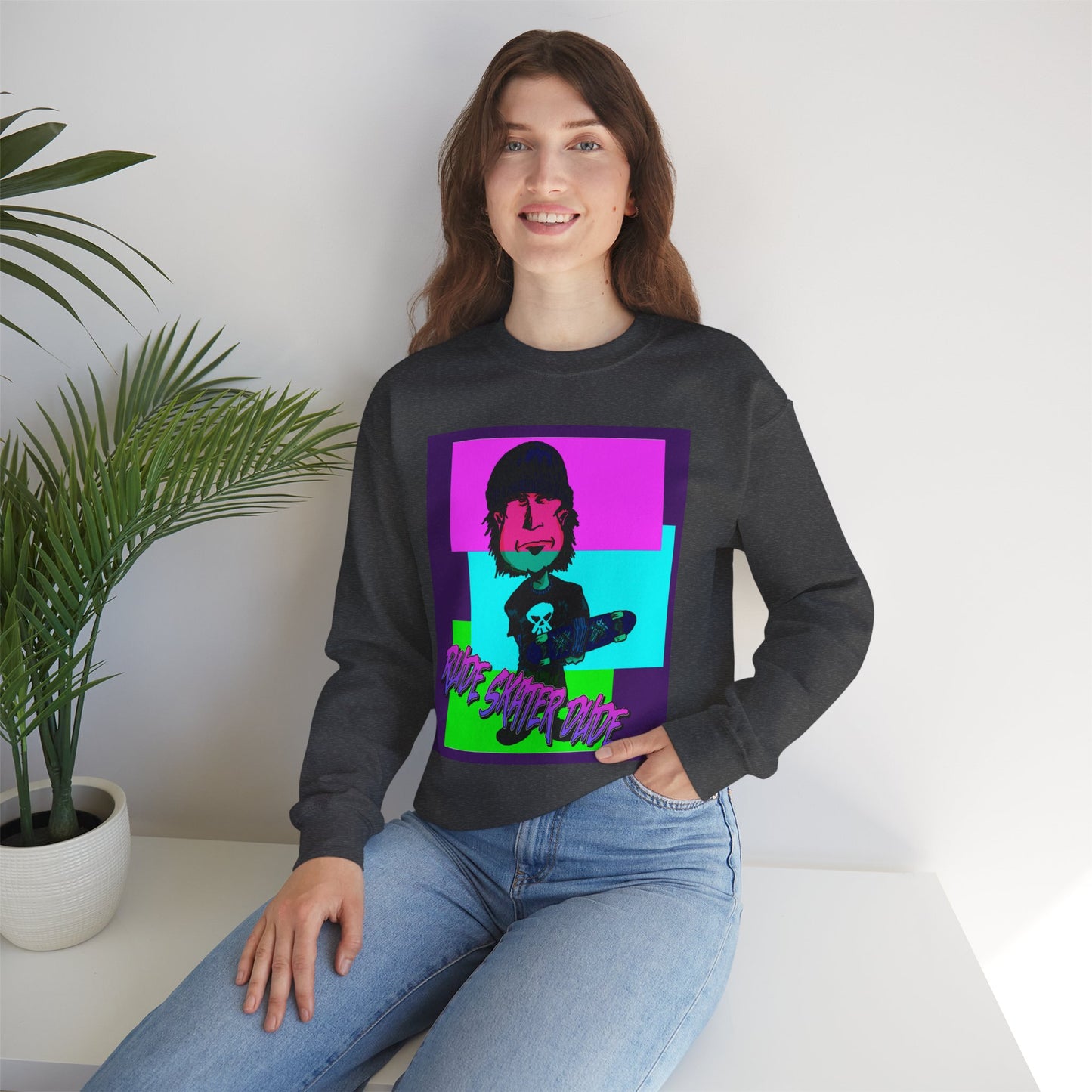 Crewneck Sweatshirt — Retro Neon Skate Punk "Rude Skater Dude" Graphic
