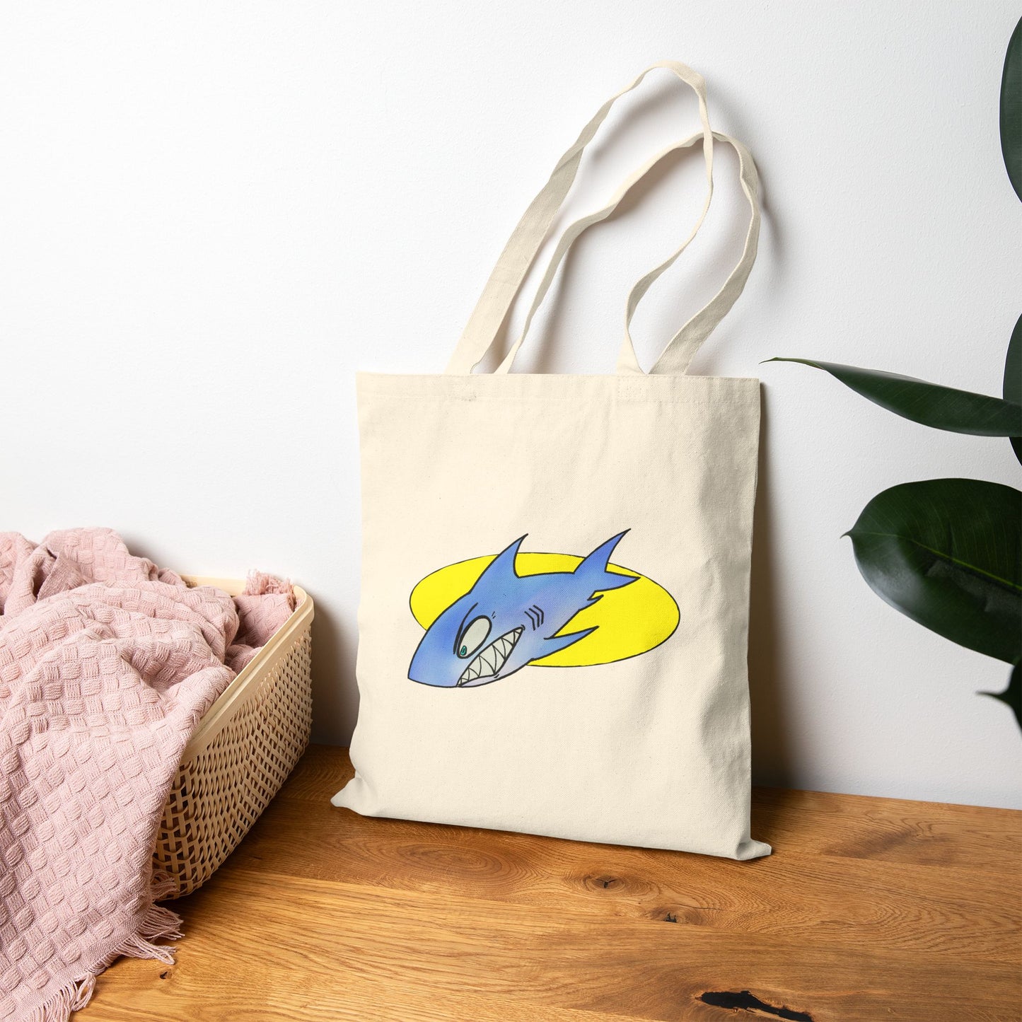 Shark Graphic Tote Bag – Retro Blue Shark Design on Natural Canvas