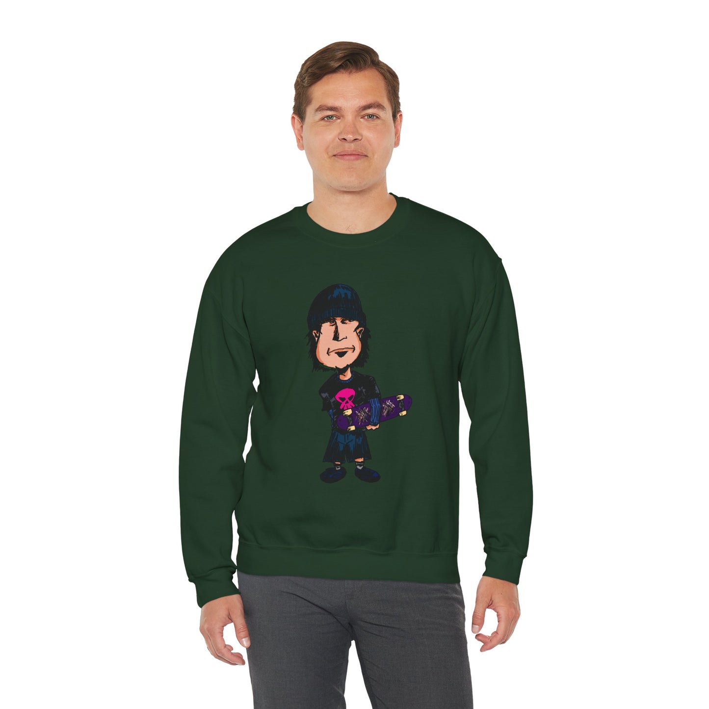 Rude Skater Dude - Skate Punk - Cartoon Skater Crewneck Sweatshirt – Cute Skateboarder Graphic Pullover