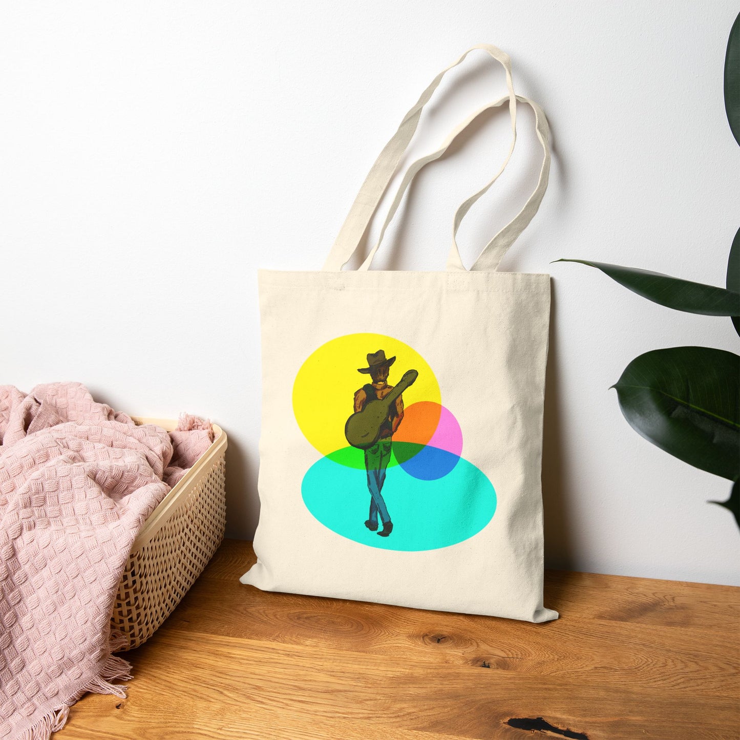 Cowboy Musician Tote Bag — Silhouette Guitarist Colorful Retro Circles Canvas Tote