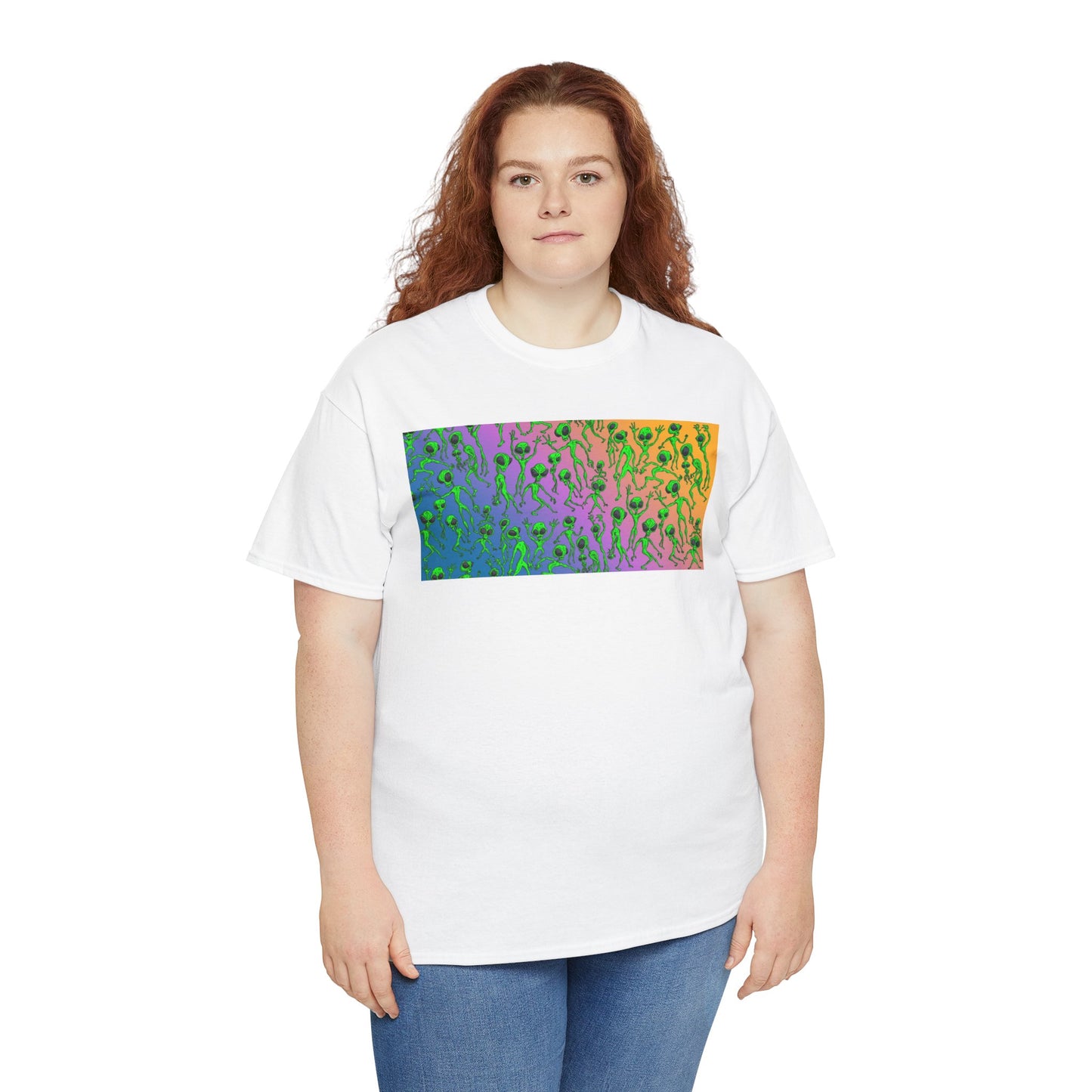Alien Dance Party Gradient Tee — Colorful Psychedelic Green Aliens Art T-Shirt
