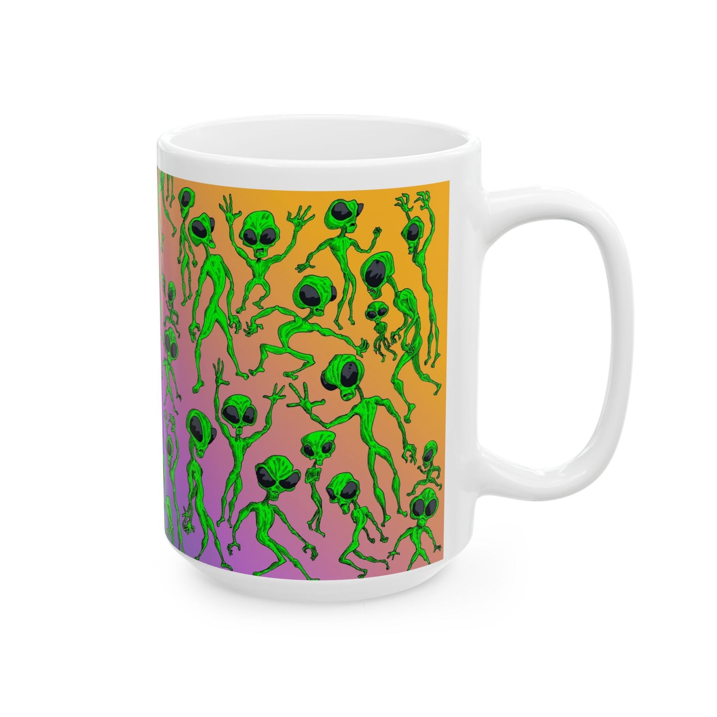 Alien Dance Party Ceramic Mug — Colorful Psychedelic Green Aliens (11oz & 15oz)