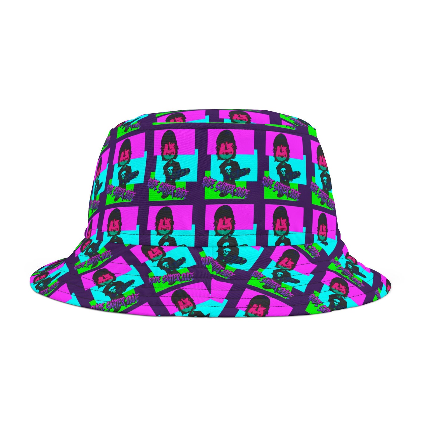 Rude Skater Dude Bucket Hat — Neon Pop Checkerboard Pattern