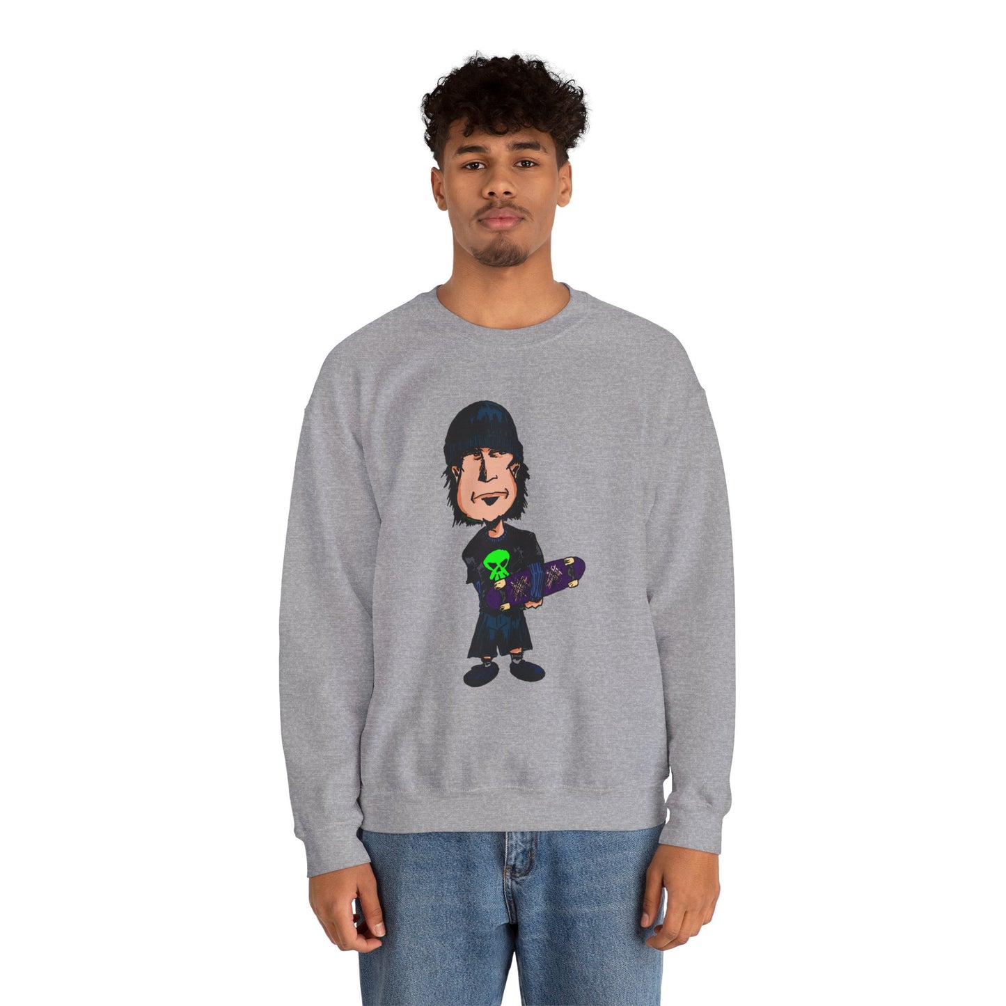 Rude Skater Dude - Cartoon Skate Punk Crewneck Sweatshirt — Retro Skateboard Character Graphic