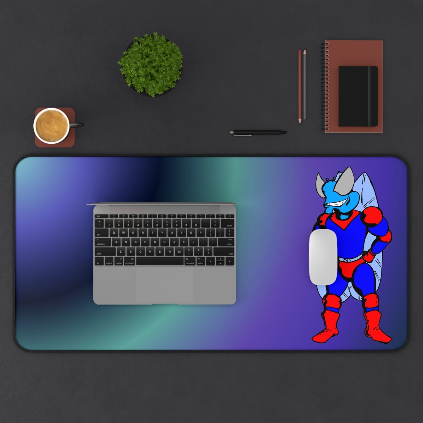 The Astounding Astro-Fly Desk Mat — Gradient Gaming Desk Mat with Retro Superhero Character
