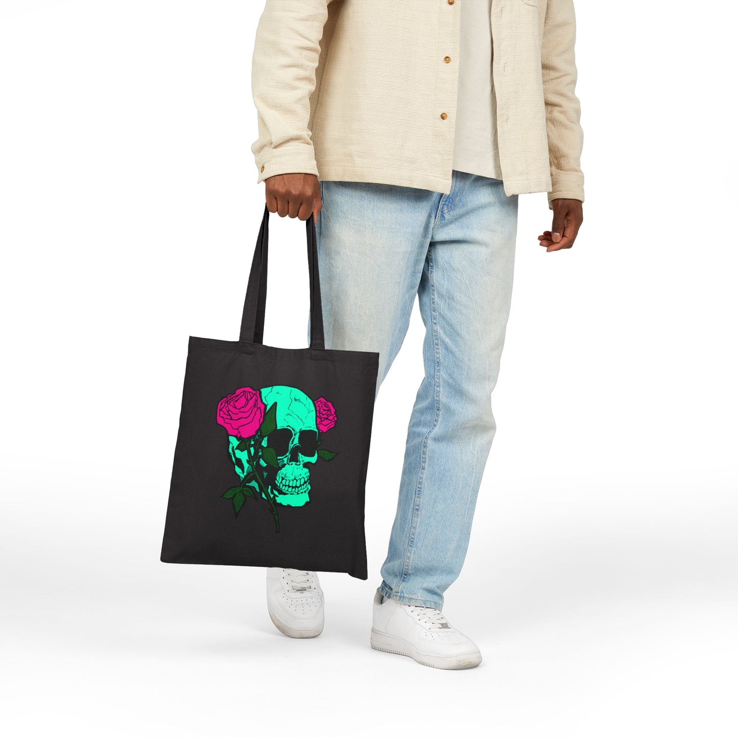 Skull & Roses Canvas Tote — Green Skull with Pink Roses Cotton Bag