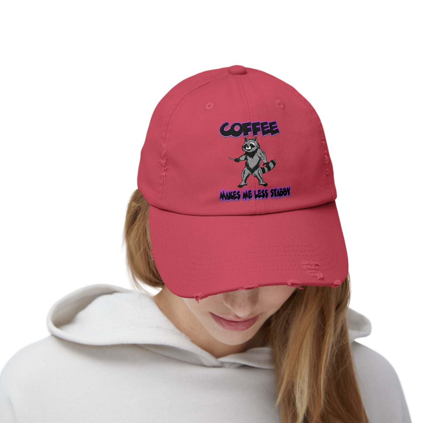 Funny Unisex Distressed Cap - "Coffee Makes Me Less Stabby" - Grumpy Raccoon