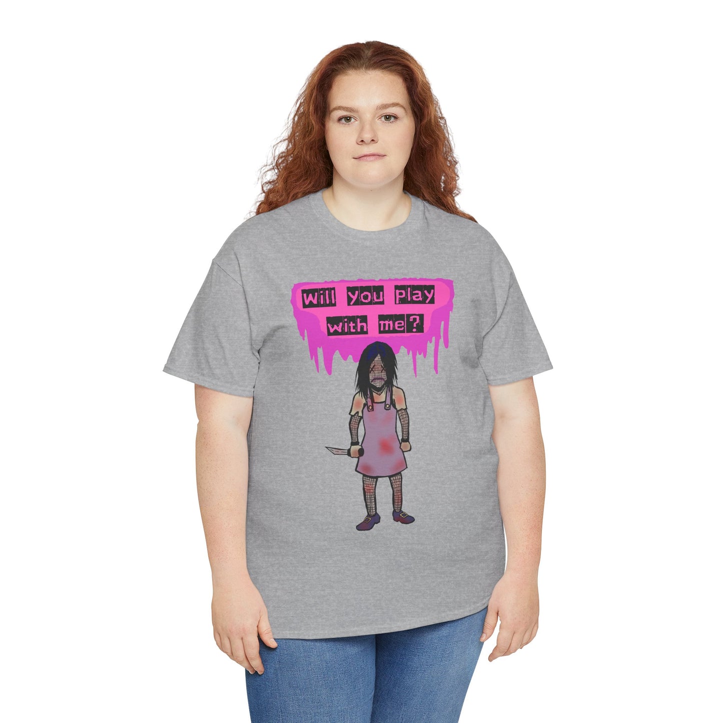 Playful Evil Doll Horror Graphic Tee, Unisex Heavy Cotton Shirt, Casual Wear, Unique Gift, Halloween Costume, Quirky Fashion