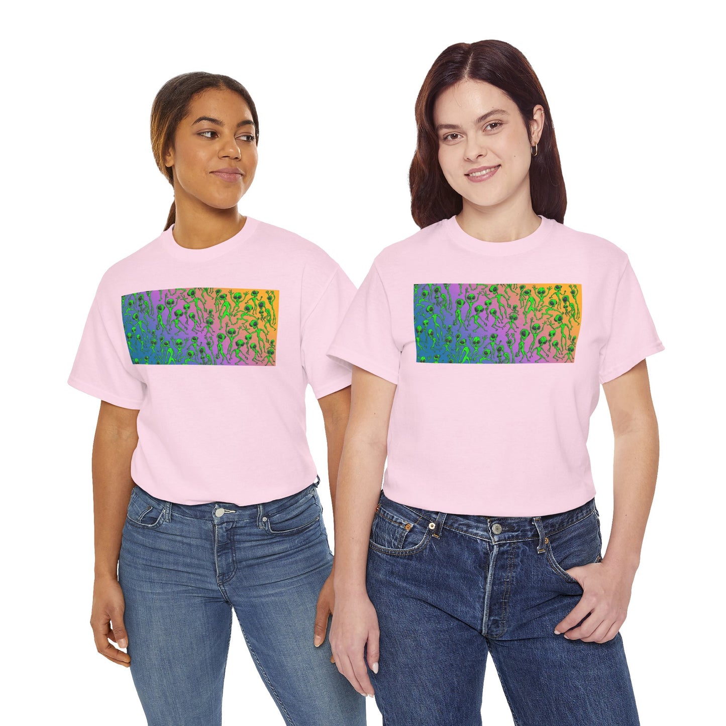 Alien Dance Party Gradient Tee — Colorful Psychedelic Green Aliens Art T-Shirt