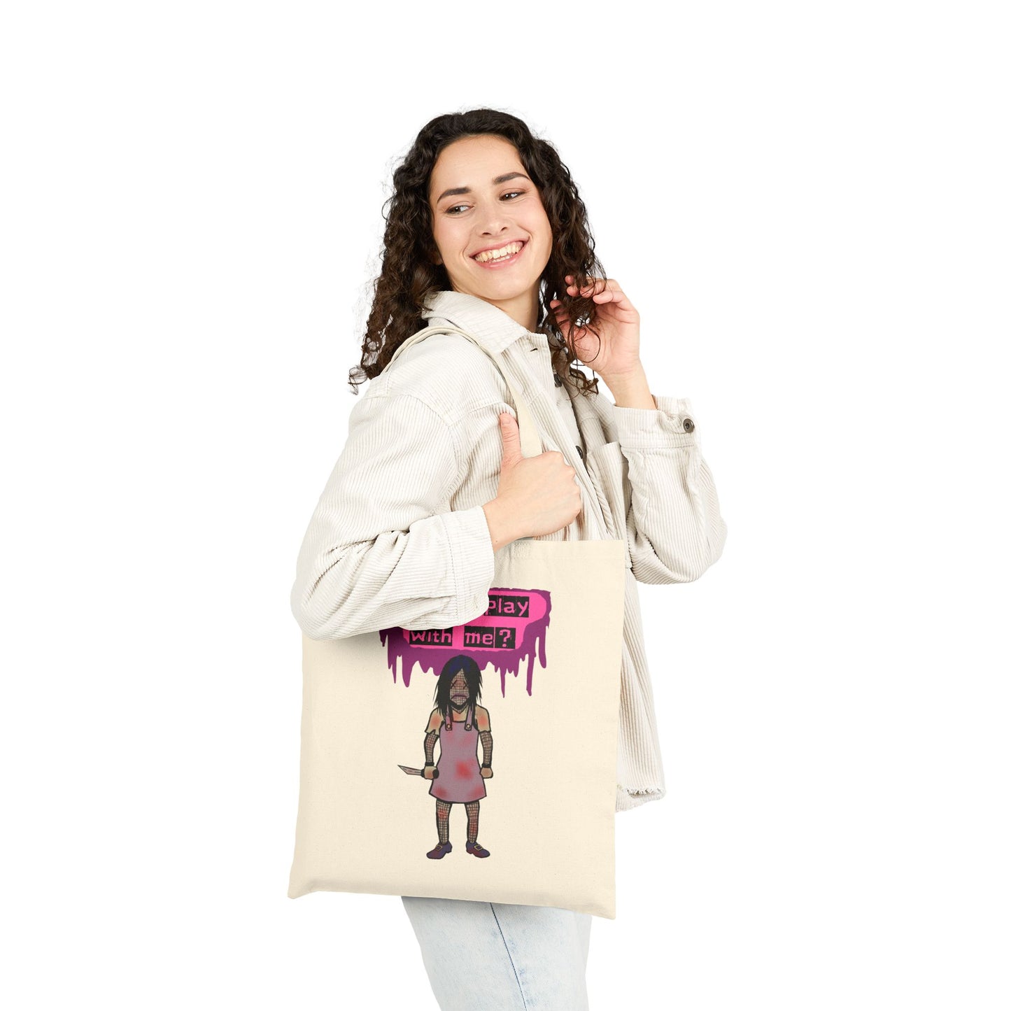 Tote Bag — 'Will You Play With Me?' Horror Creepy Doll Canvas Tote