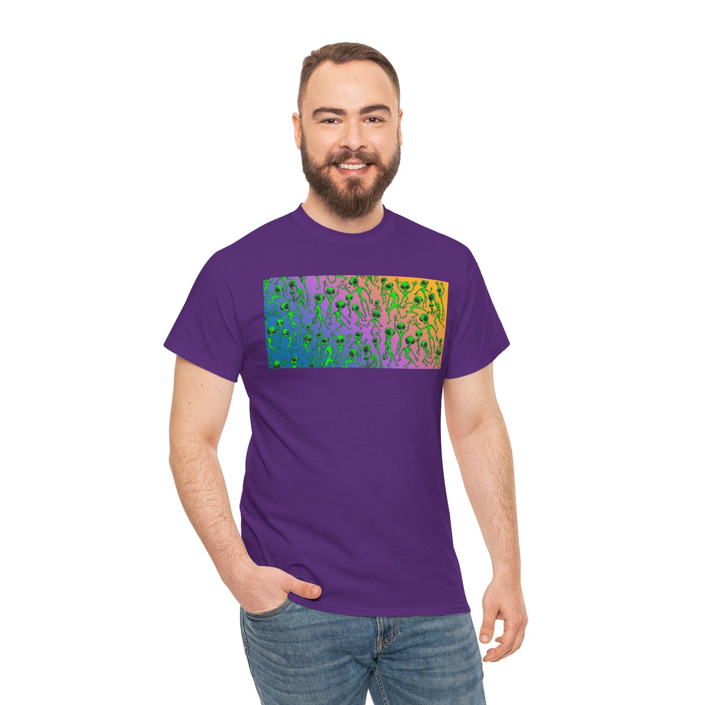 Alien Dance Party Gradient Tee — Colorful Psychedelic Green Aliens Art T-Shirt