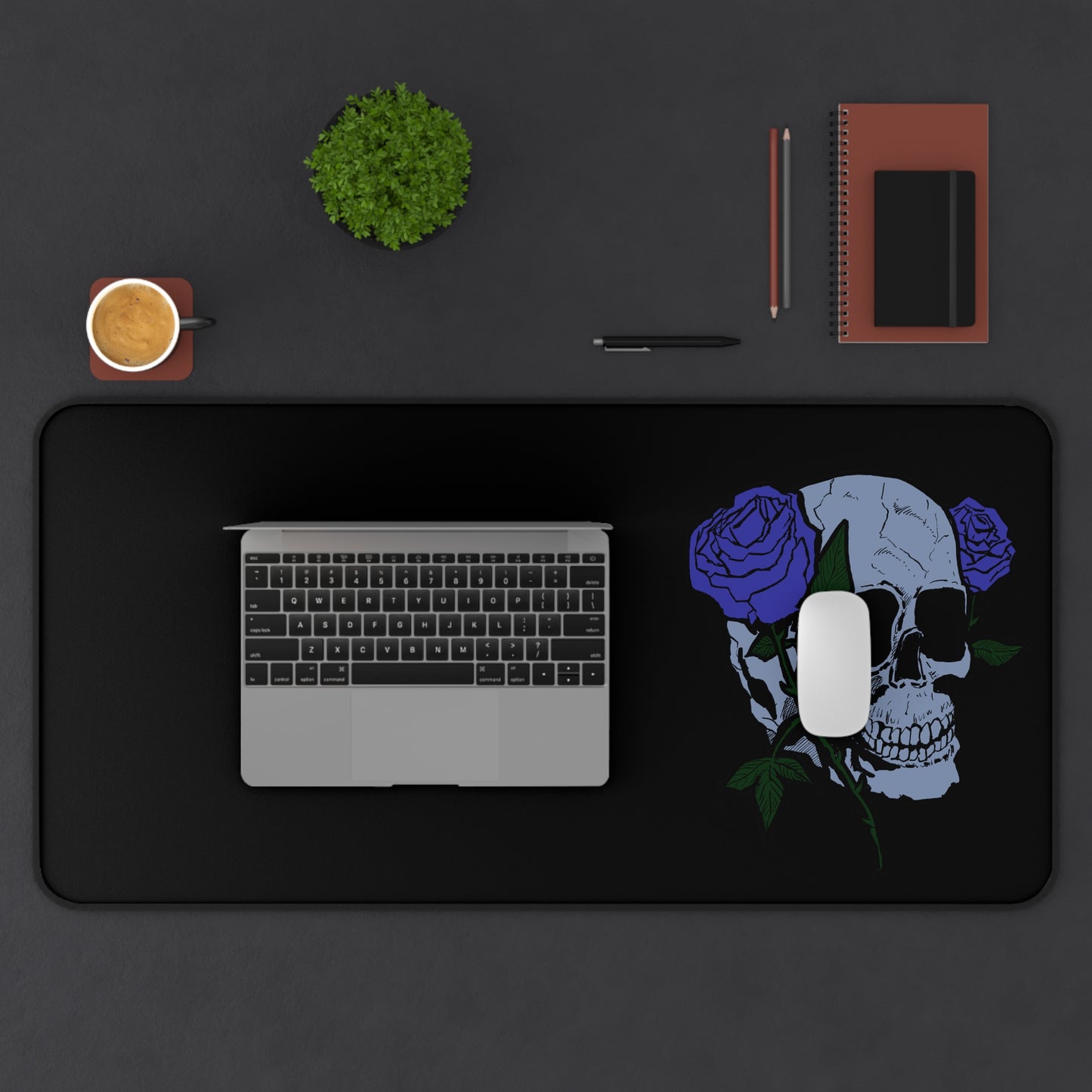 Skull with Purple Roses Desk Mat — Gothic Floral Gaming Mouse Pad