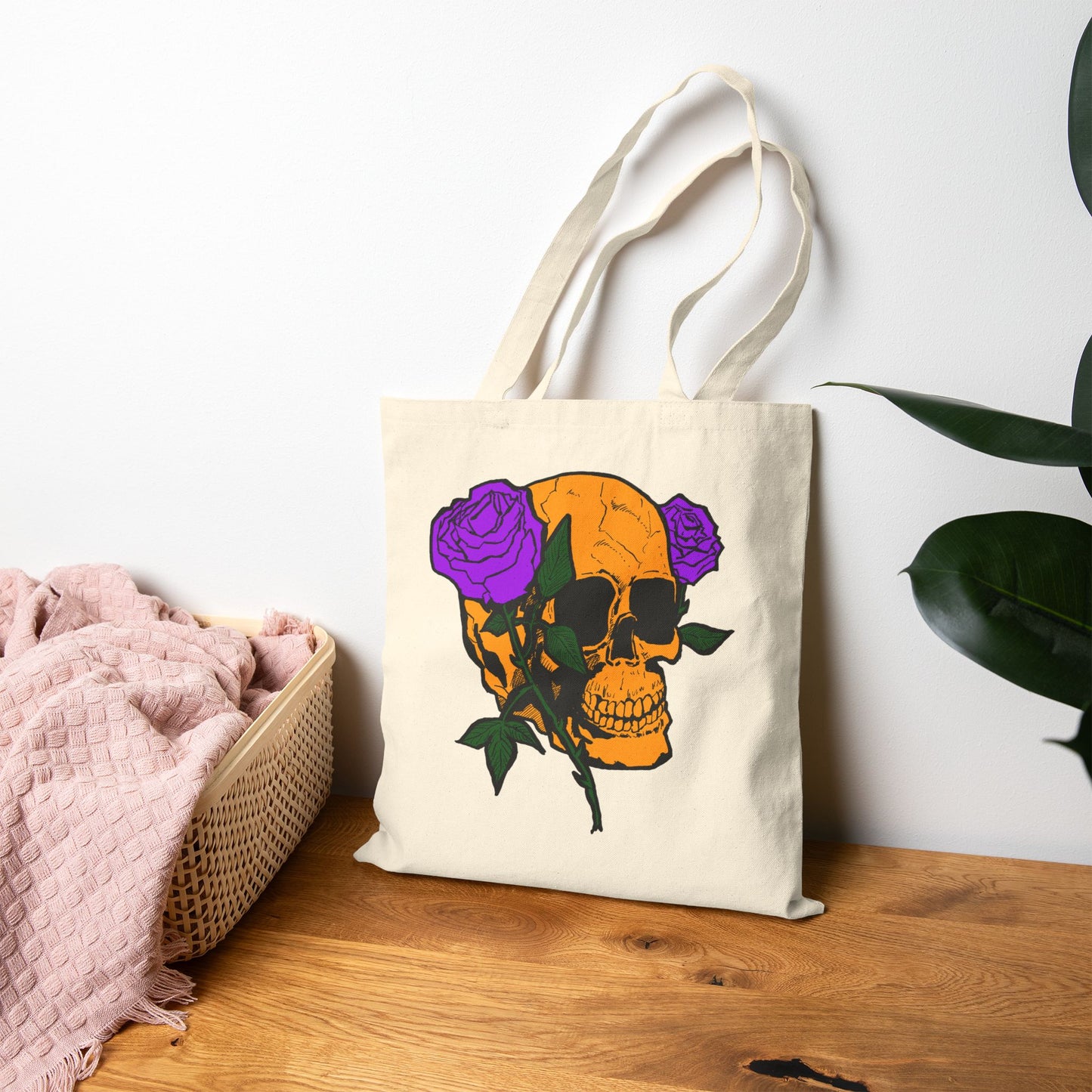 Skull with Purple Roses Canvas Tote Bag