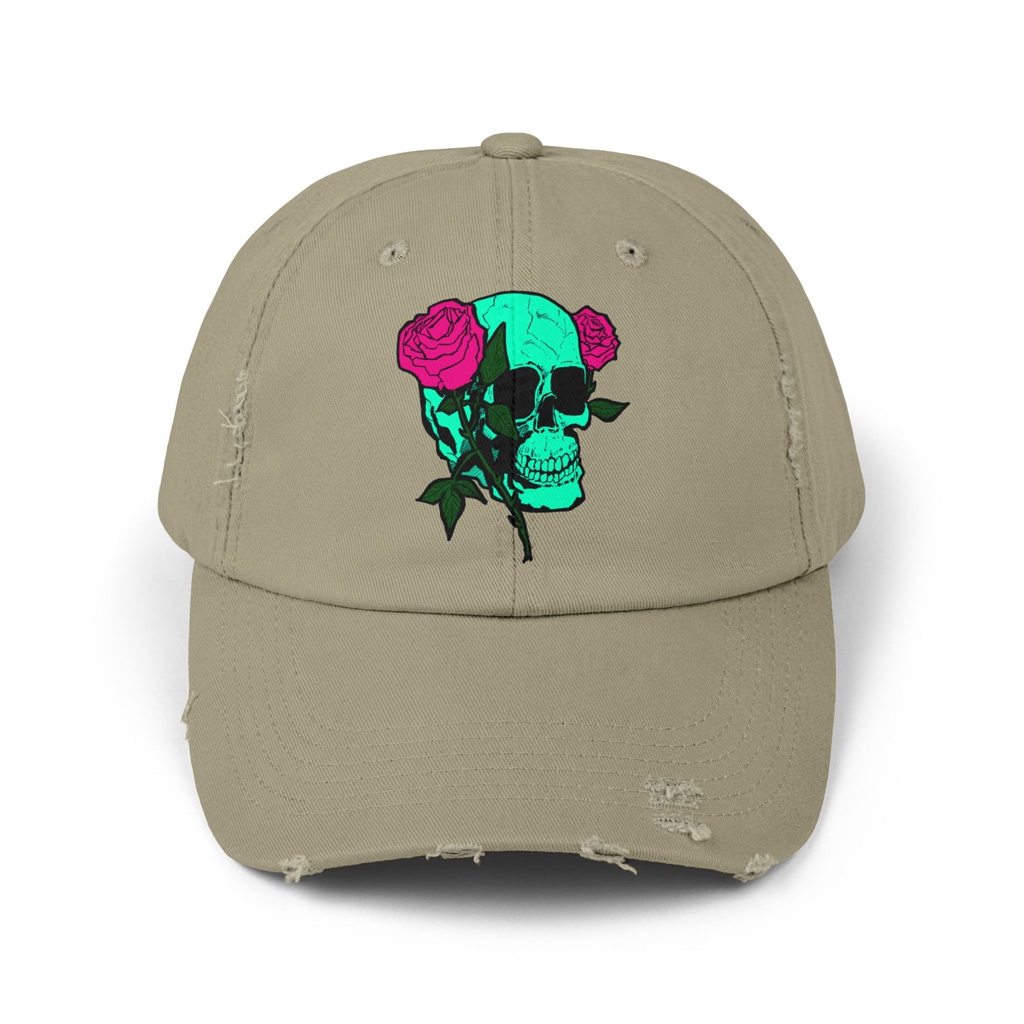 Trendy Distressed Skull Cap with Roses