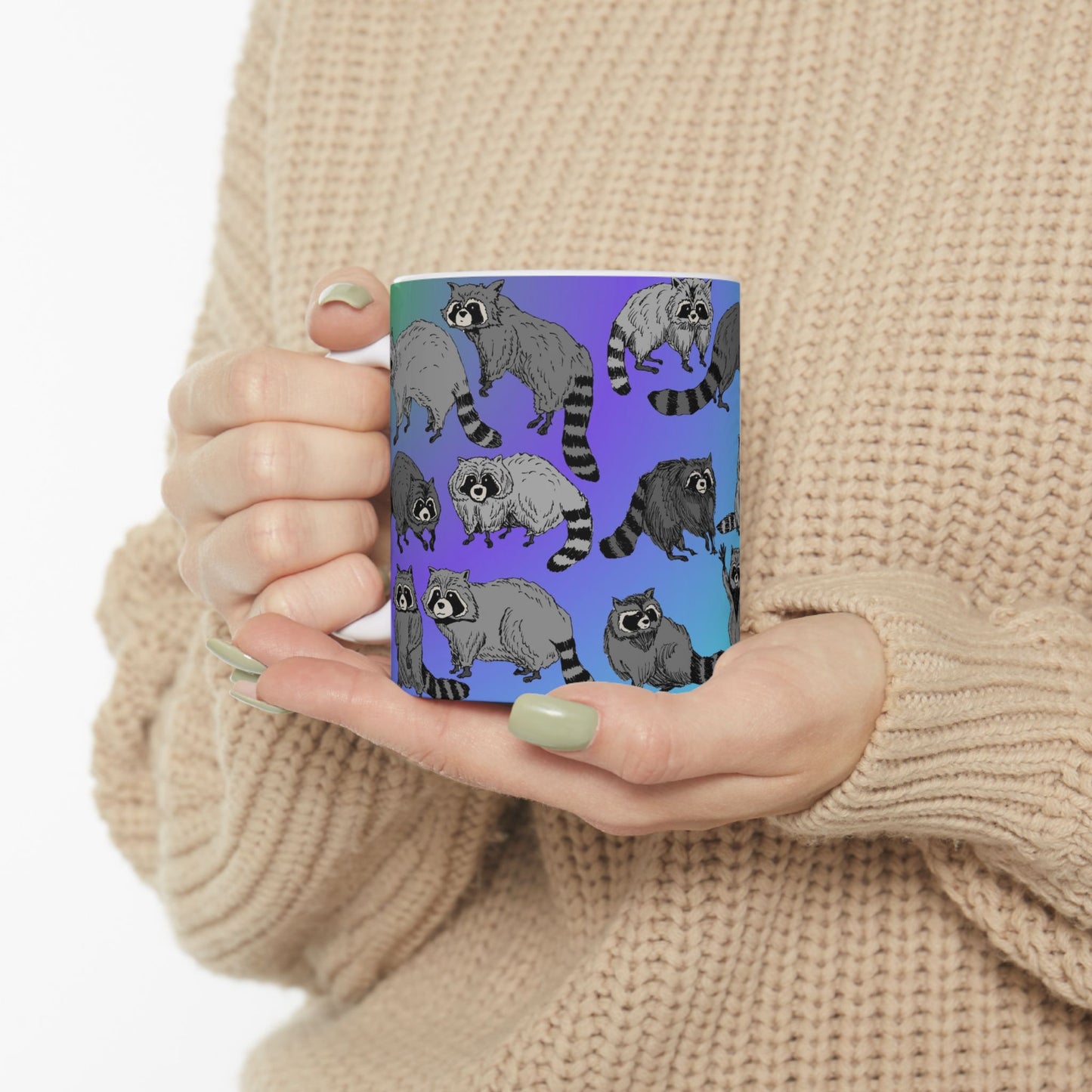 Raccoon Pattern Ceramic Mug — Cute Cartoon Raccoons on Gradient Background (11oz, 15oz)