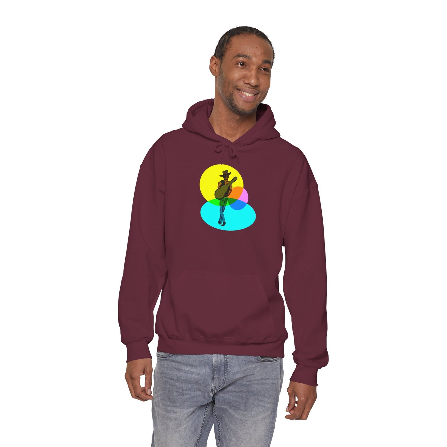 Cowboy with Guitar Hoodie — Colorful Retro Music Graphic Sweatshirt