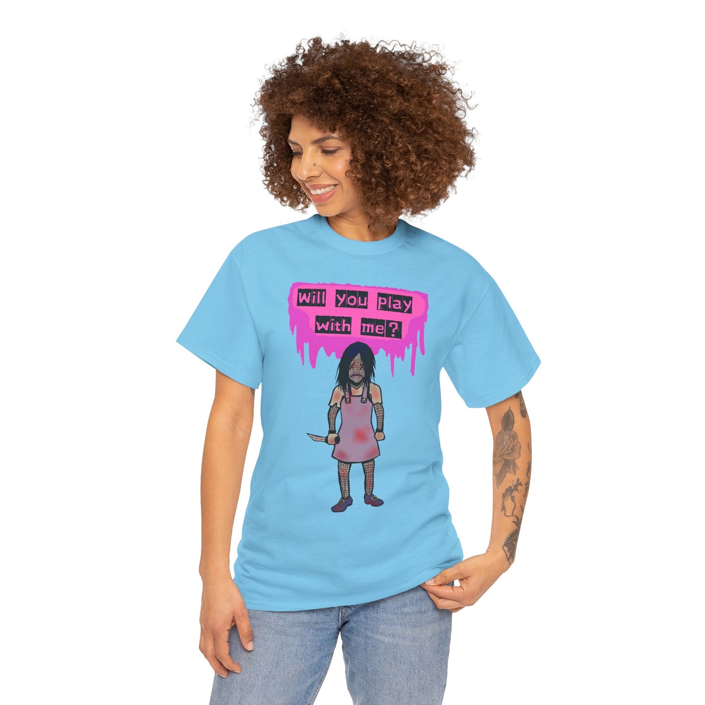 Playful Evil Doll Horror Graphic Tee, Unisex Heavy Cotton Shirt, Casual Wear, Unique Gift, Halloween Costume, Quirky Fashion