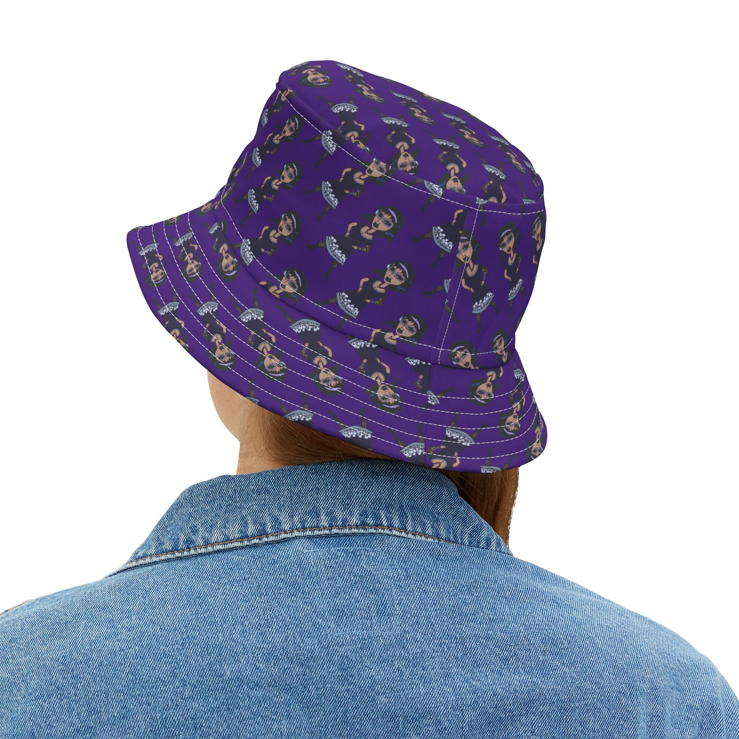 Purple Retro Goth Girl Pattern Bucket Hat — All-Over Print Fashion Accessory