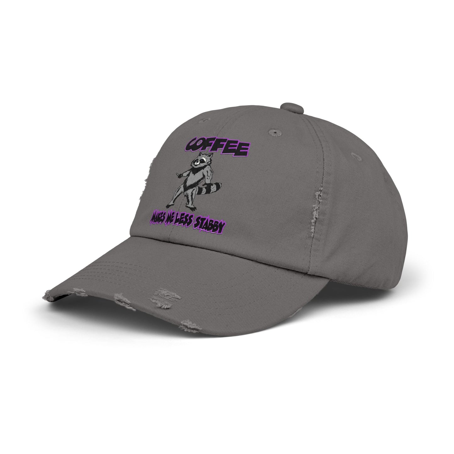 Funny Unisex Distressed Cap - "Coffee Makes Me Less Stabby" - Grumpy Raccoon