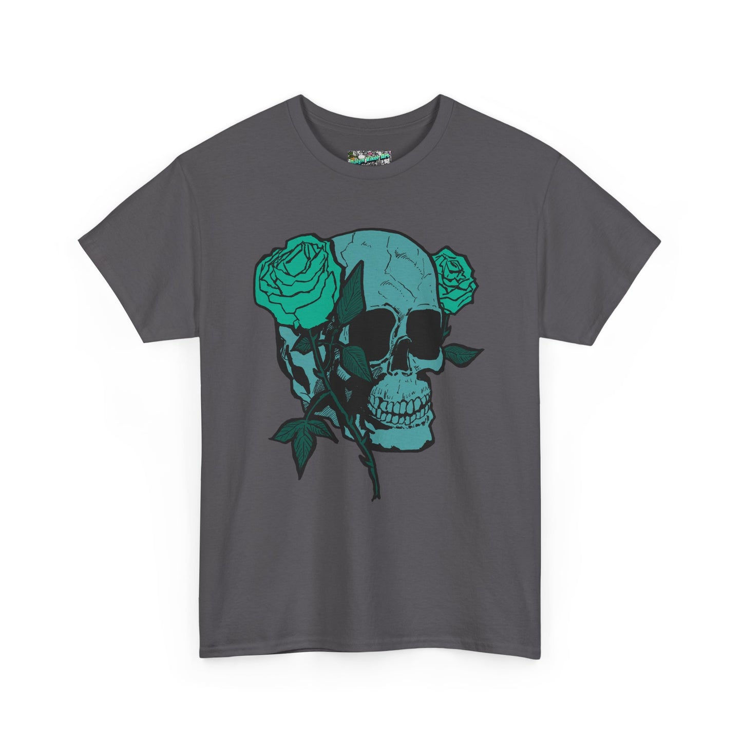 Skull & Roses Graphic Tee — Teal Skull Floral T-Shirt