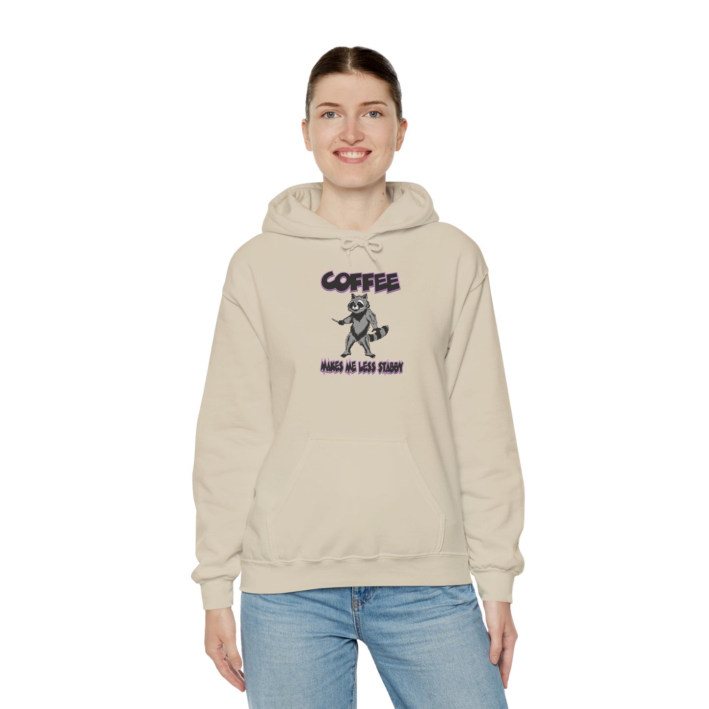 Coffee Makes Me Less Stabby Themed Unisex Hoodie with Fun Raccoon Design, Perfect for Coffee Lovers, Gift for Birthdays, Chill Days, Cozy Sweater