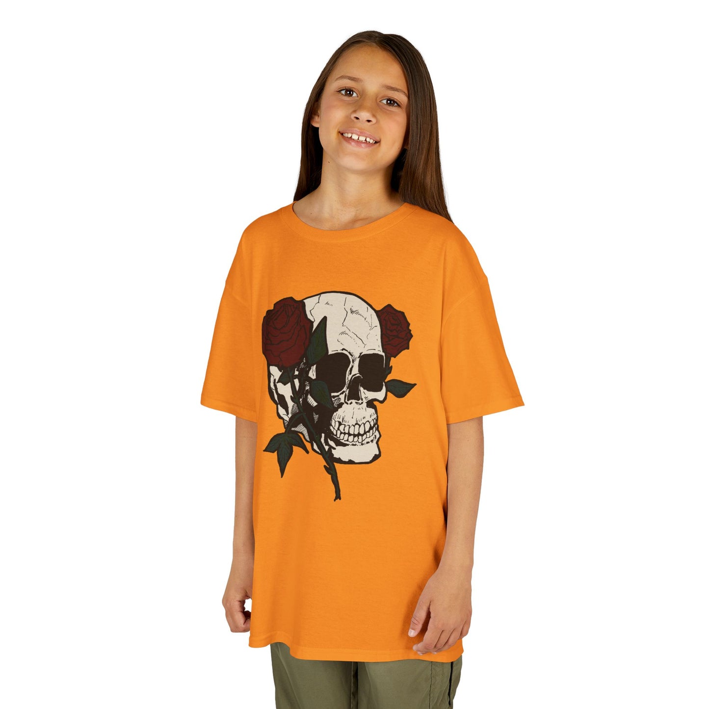 Kids Heavy Cotton Tee - Skull and Roses Graphic Tee for Trendy Kids