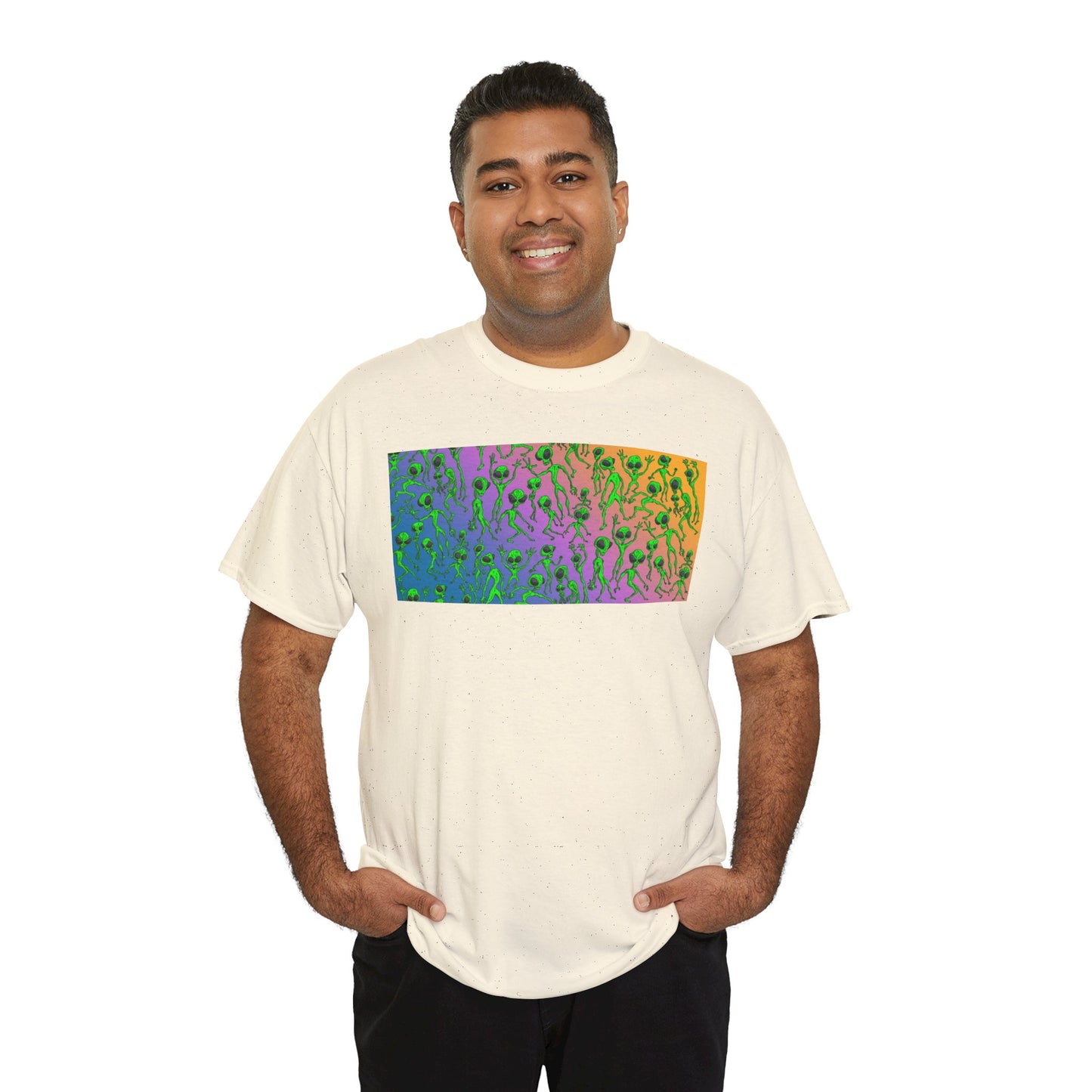 Alien Dance Party Gradient Tee — Colorful Psychedelic Green Aliens Art T-Shirt