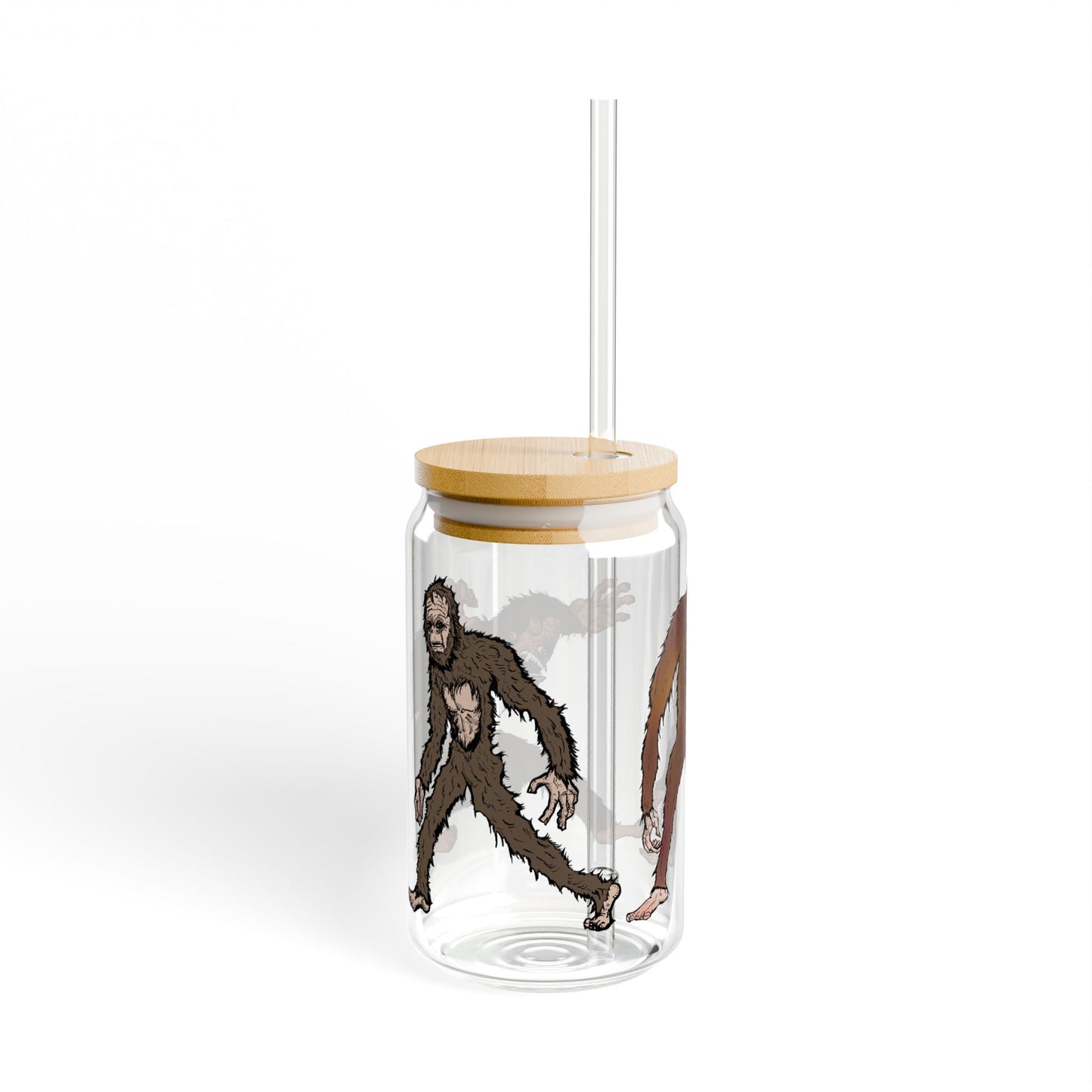 Bigfoot Pattern 16oz Sipper Glass with Bamboo Lid — Sasquatch Camping Drink Tumbler