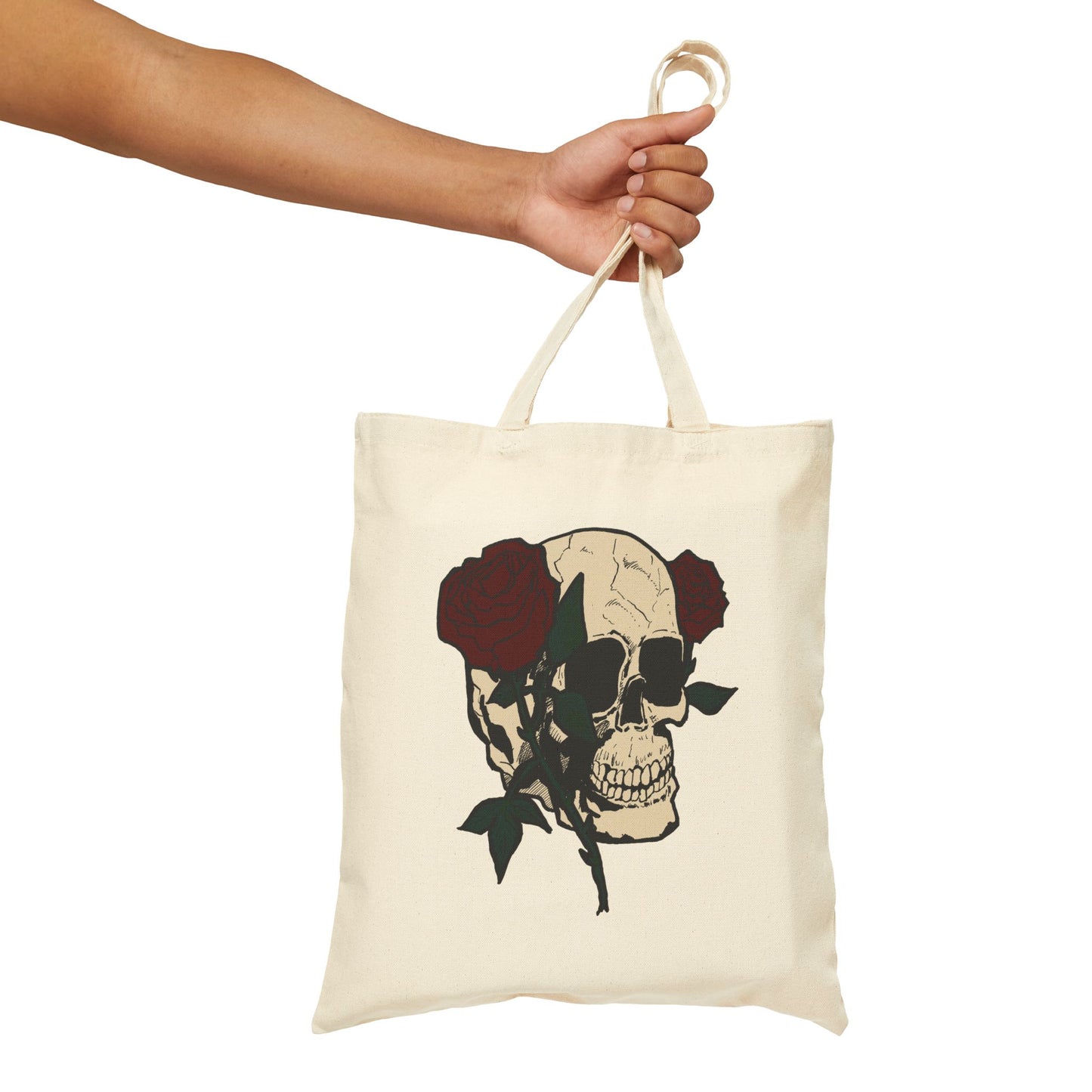 Skull & Roses Canvas Tote Bag — Gothic Floral Reusable Shopper